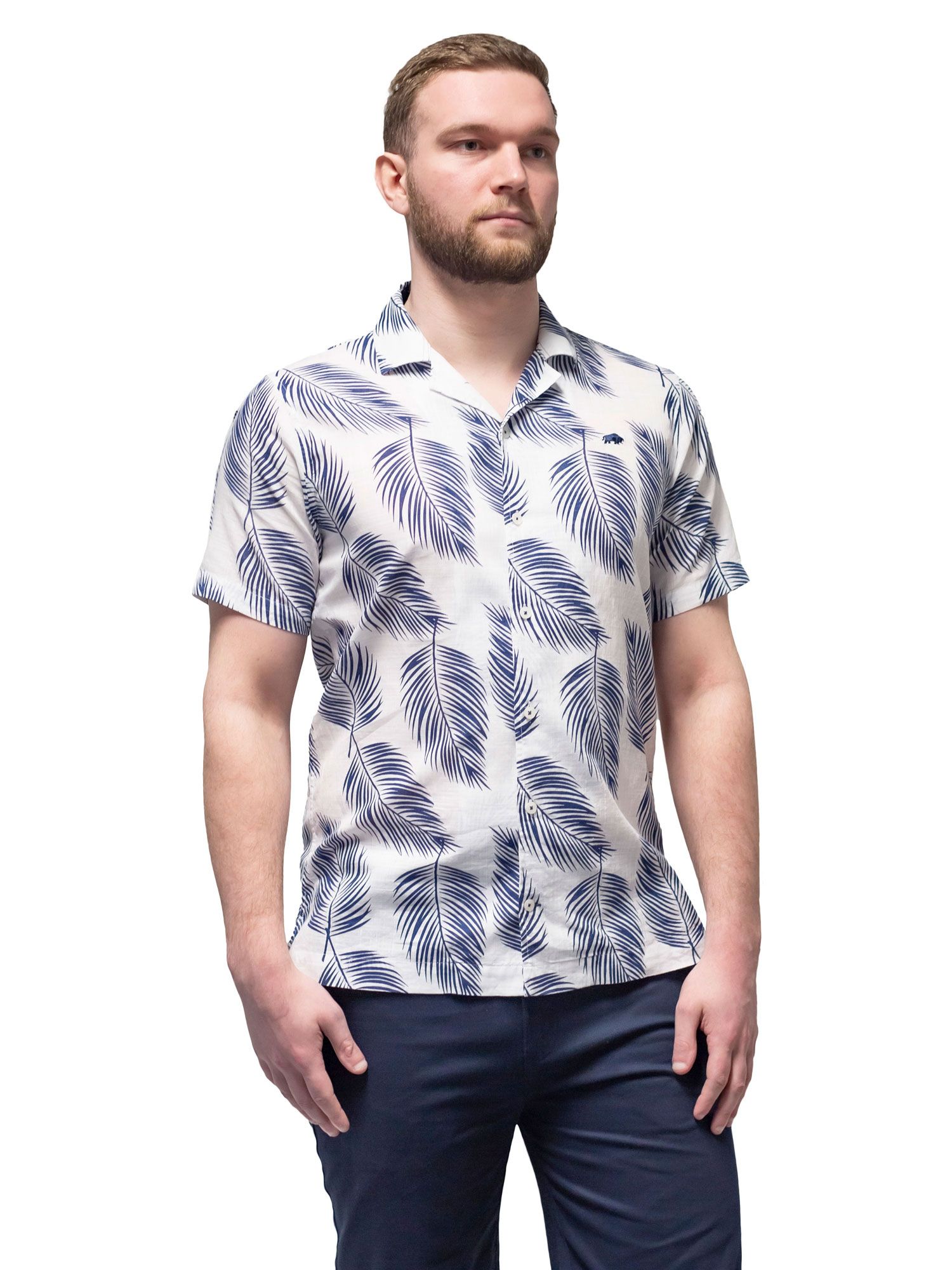 Raging Bull Palm Leaf Print Shirt, White/Blue at John Lewis & Partners