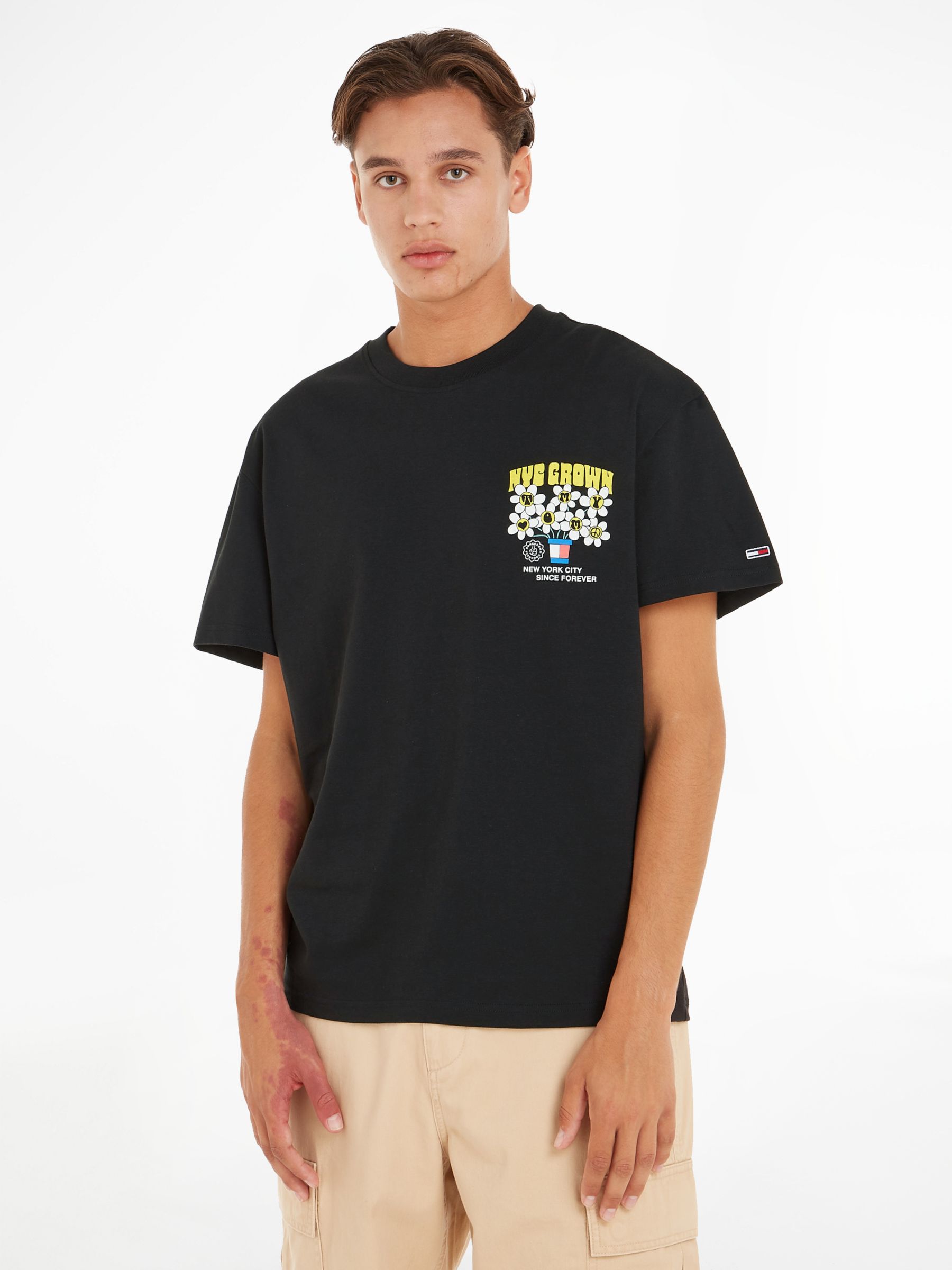 Tommy Jeans NYC Homegrown Daisy T-Shirt, Black at John Lewis & Partners