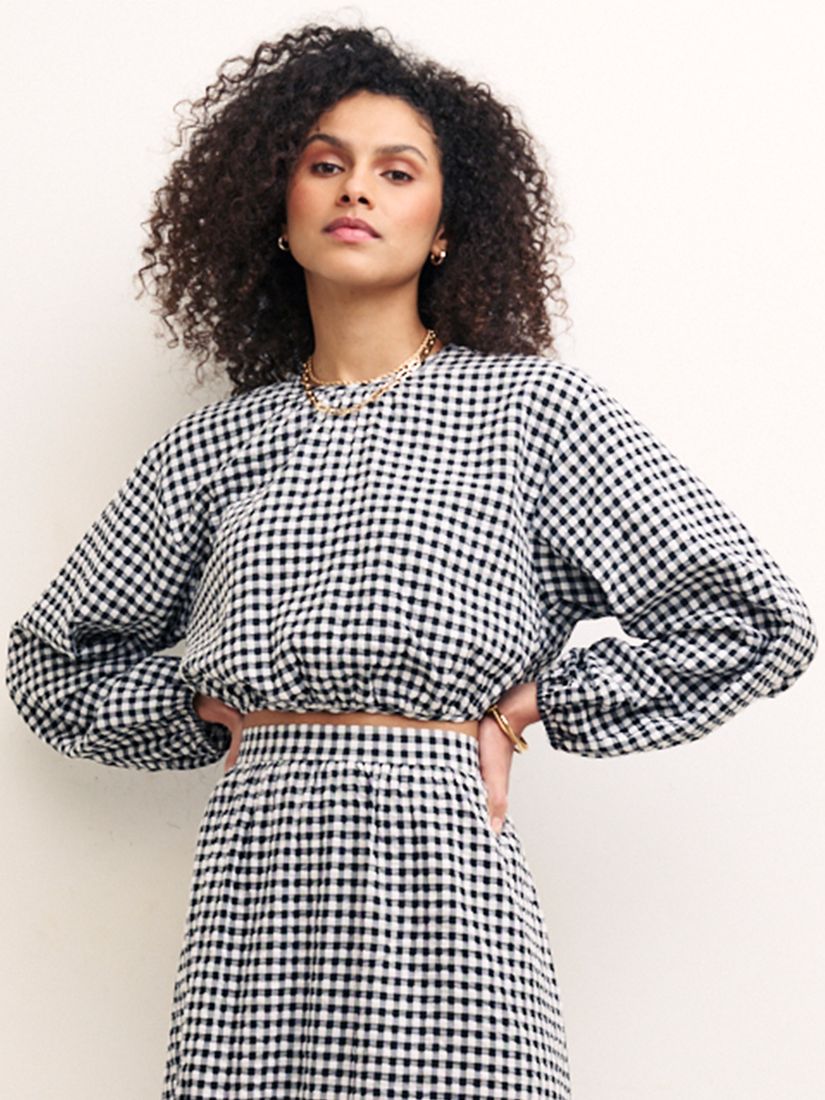 Nobody's Child Bonnie Cropped Seersucker Gingham Co-ord Top, Black, 6