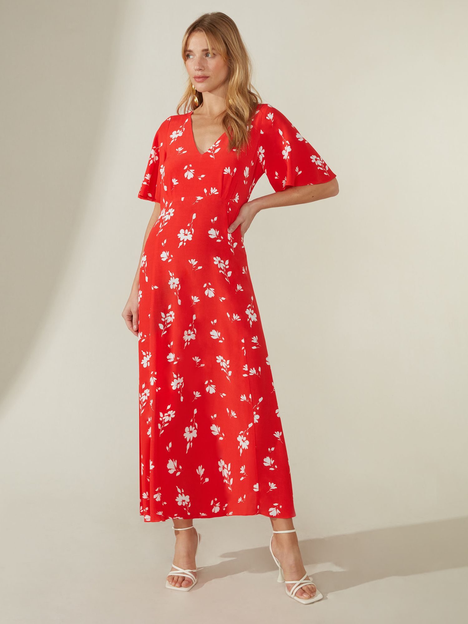 Ro&Zo Floral V-Neck Midi Dress, Red at John Lewis & Partners