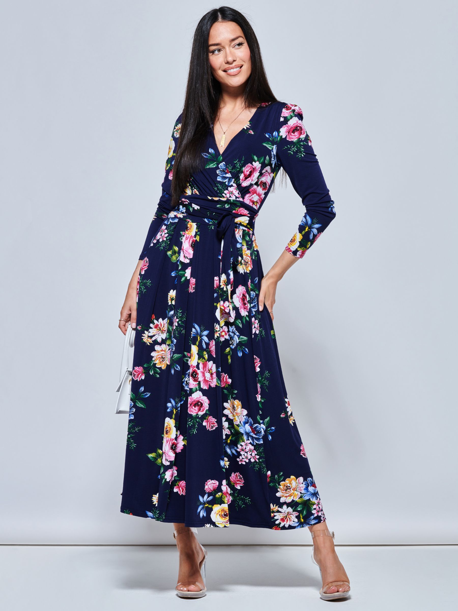 Jolie Moi Greyson Long Sleeve Floral Print Midi Dress, Navy