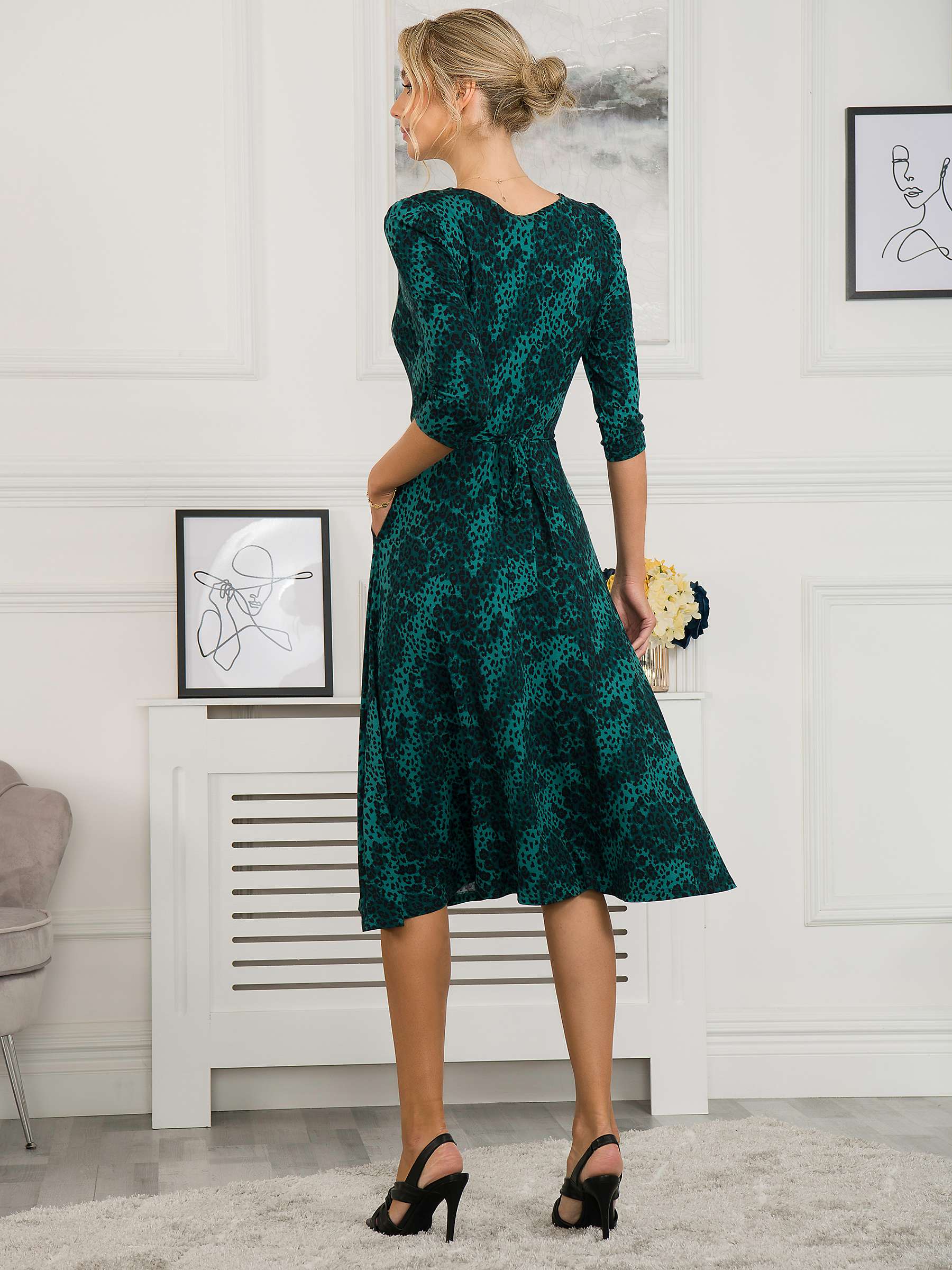 Jolie Moi Lilian Animal Print Fit And Flare Dress, Green at John Lewis ...