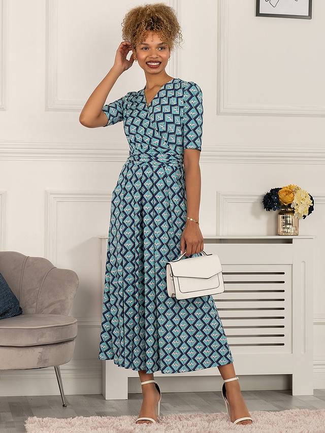 Jolie Moi Paislyn Pleat Front Jersey Maxi Dress, Green Geometric