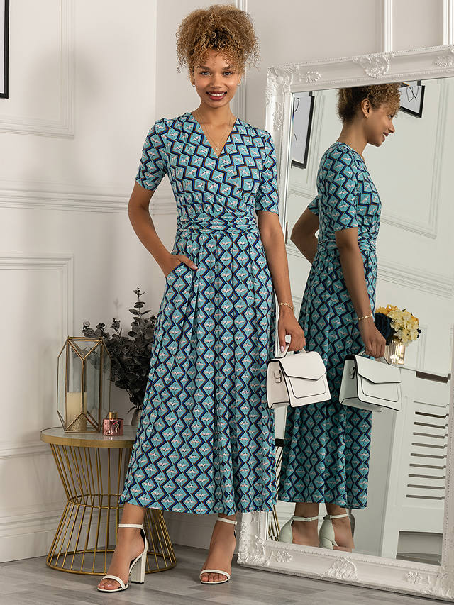 Jolie Moi Paislyn Pleat Front Jersey Maxi Dress, Green Geometric