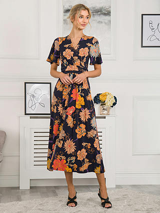 Jolie Moi Sherya Jersey Angel Sleeve Midi Dress, Navy/Orange