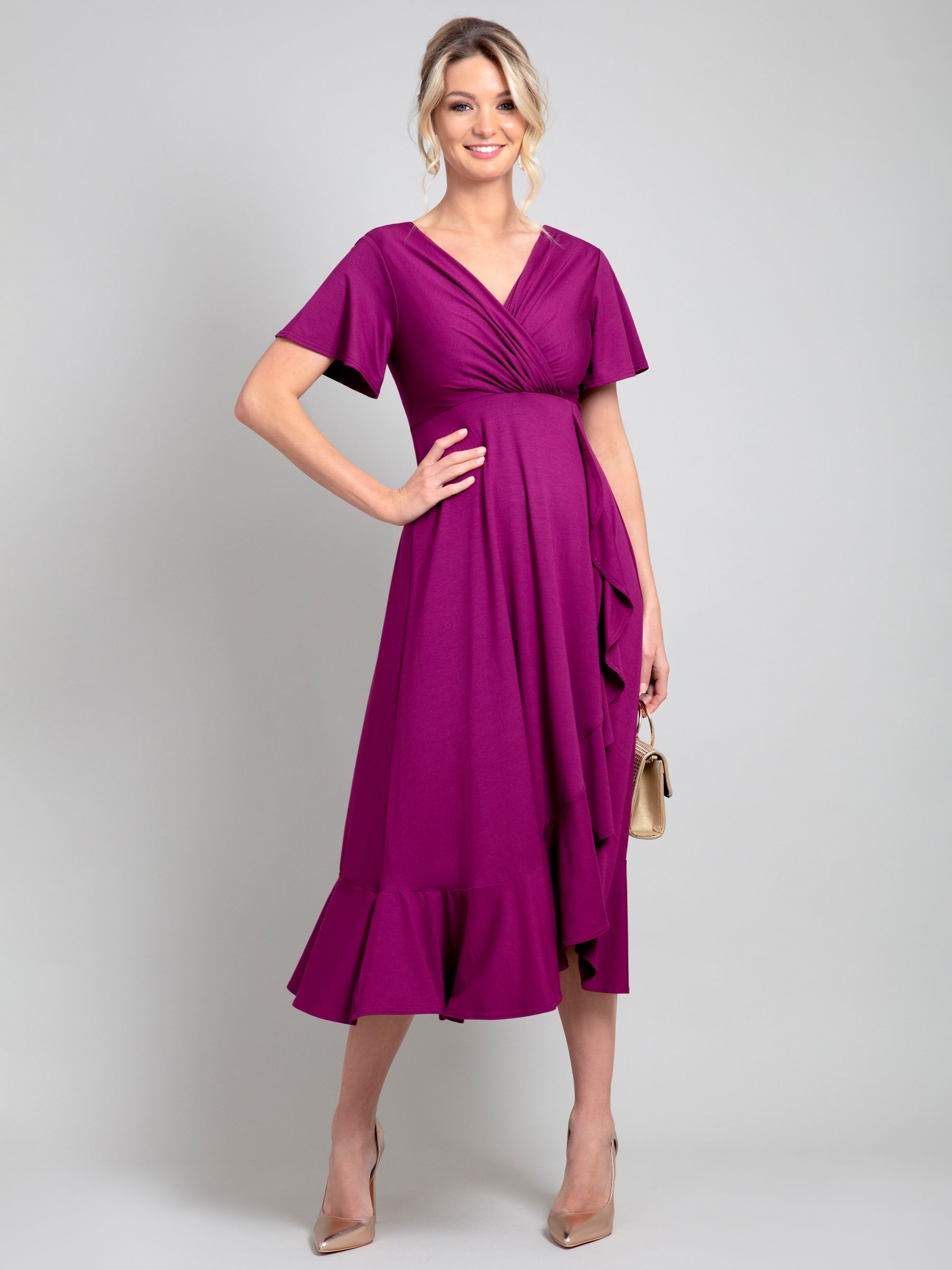 Alie Street Faux Wrap Waterfall Midi Dress, Boysenberry Pink, 22-24