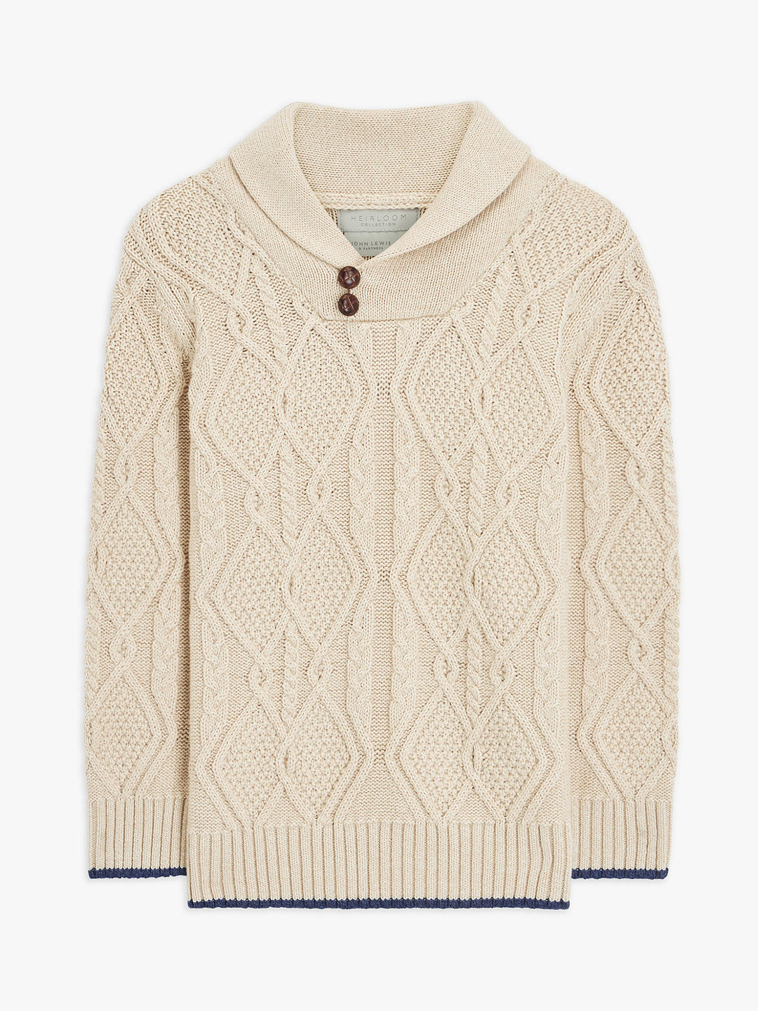 John Lewis Heirloom Collection Cable Knit Shawl Neck Cashmere Blend Jumper, Oatmeal