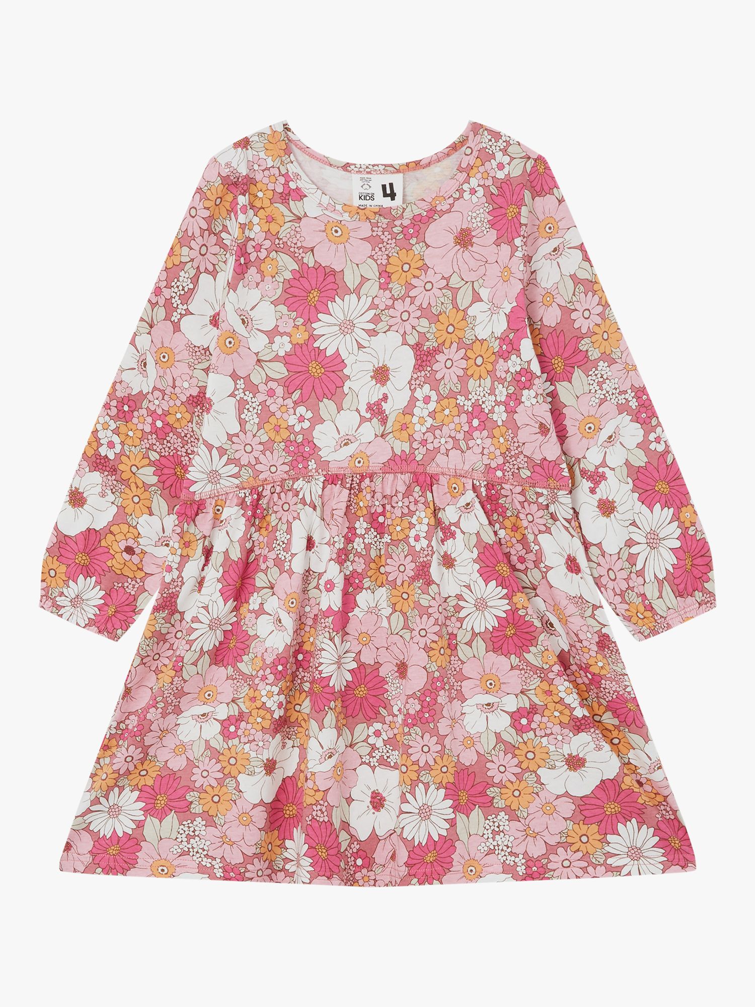 Cotton On Kids' Floral Long Sleeve Dress, Pink, 3 years