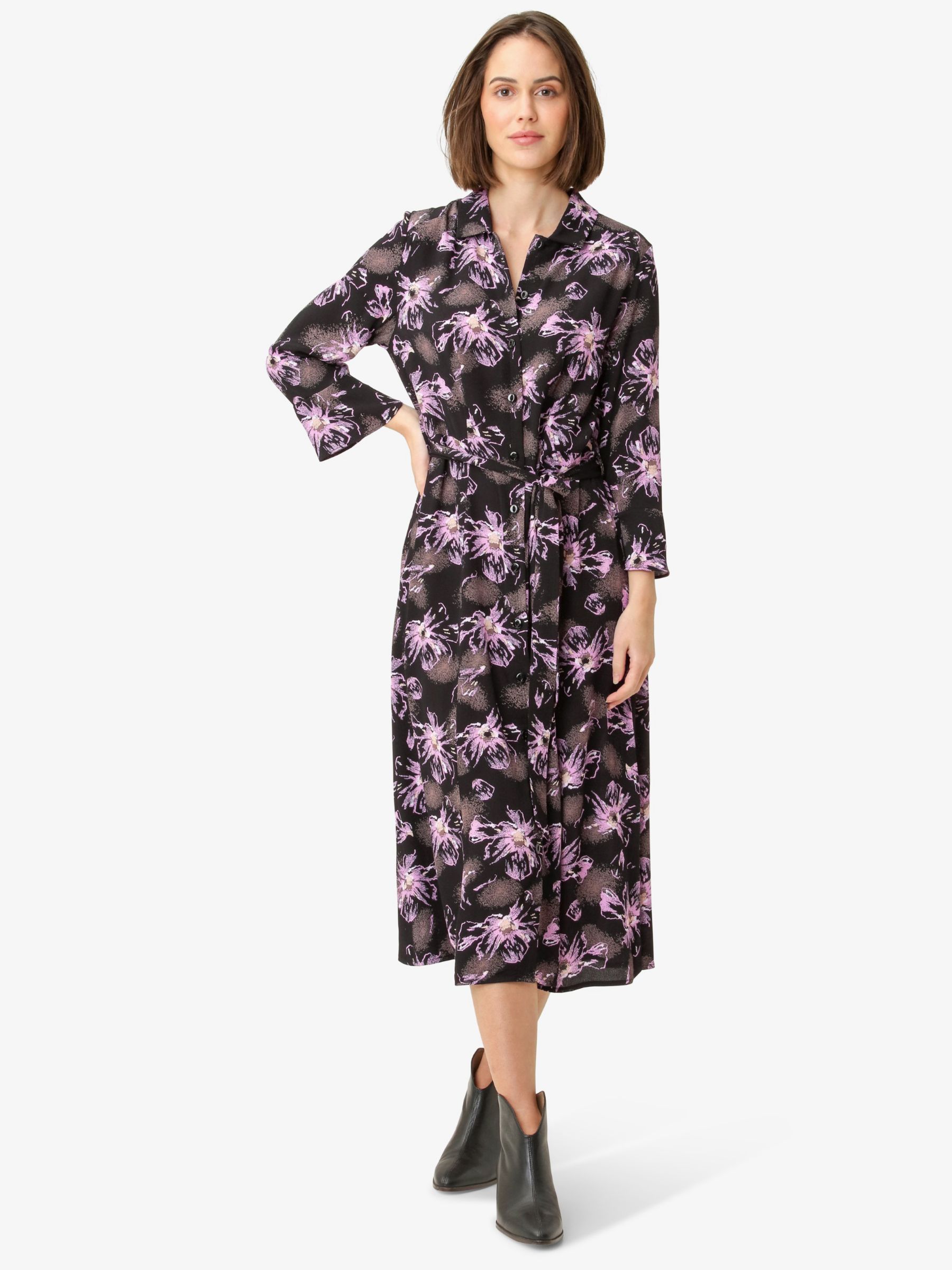 Noa Noa Liva Floral Midi Shirt Dress, Black/Purple, 18