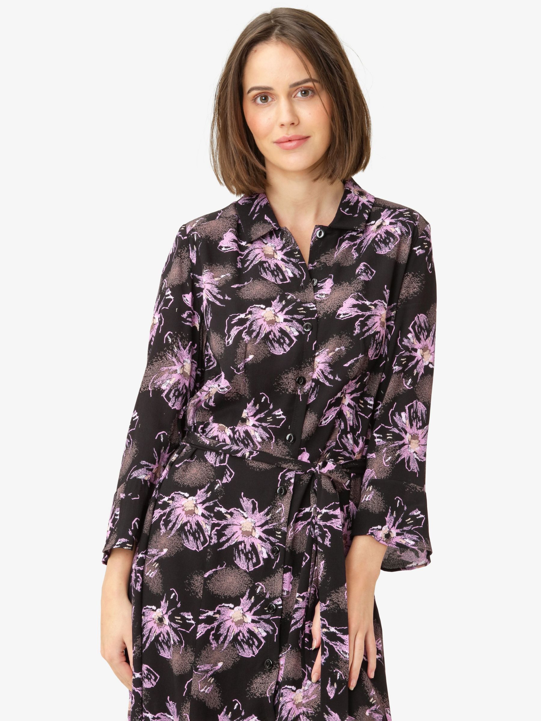 Noa Noa Liva Floral Midi Shirt Dress, Black/Purple, 18