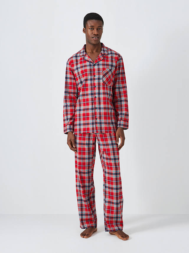 John Lewis Men's Family Cotton Check Pyjama Gift Set, Red at John Lewis ...