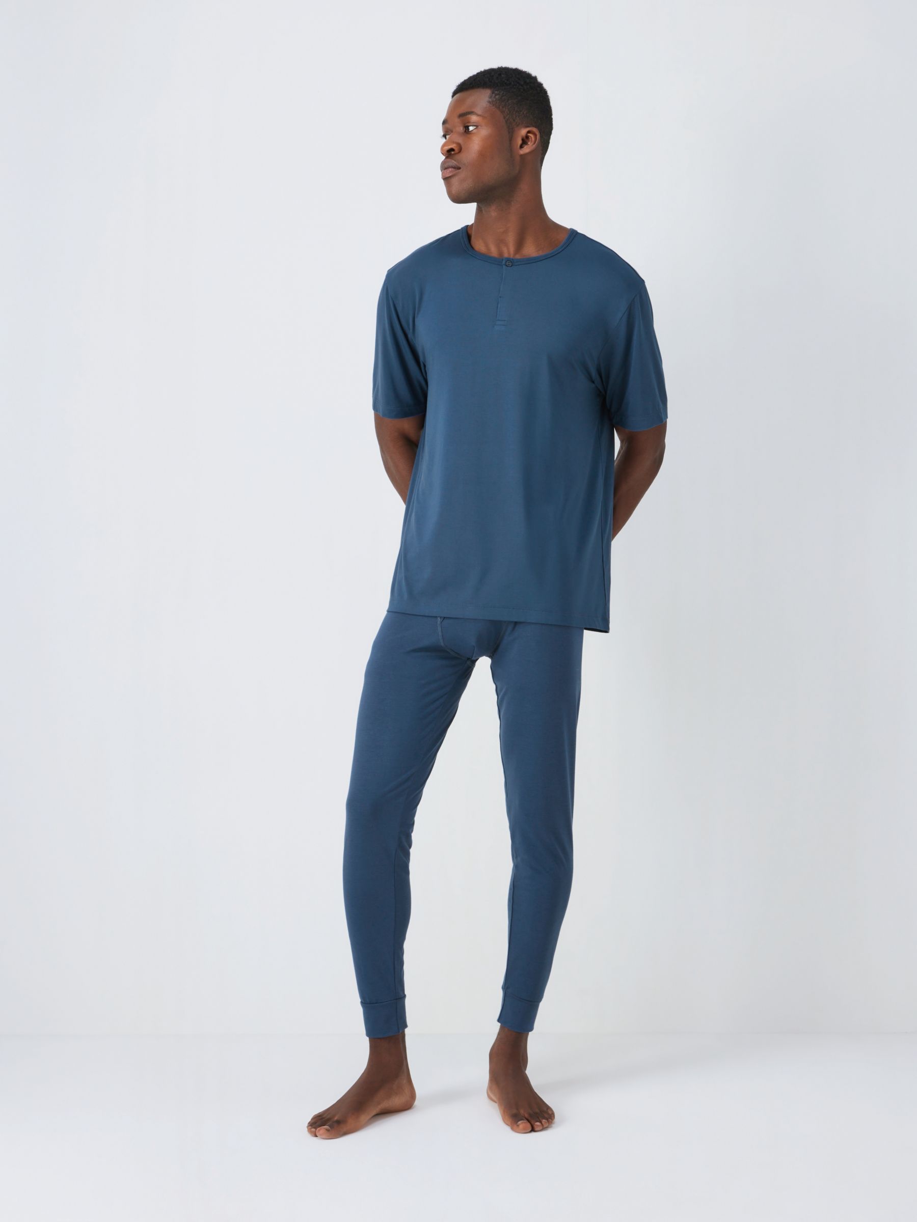 John Lewis Ultra Soft Modal Short Sleeve Henley Lounge Top, Denim Blue, XL