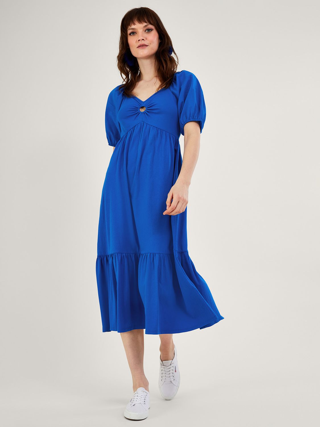 Monsoon Ring Detail Cotton Midi Dress, Cobalt at John Lewis & Partners