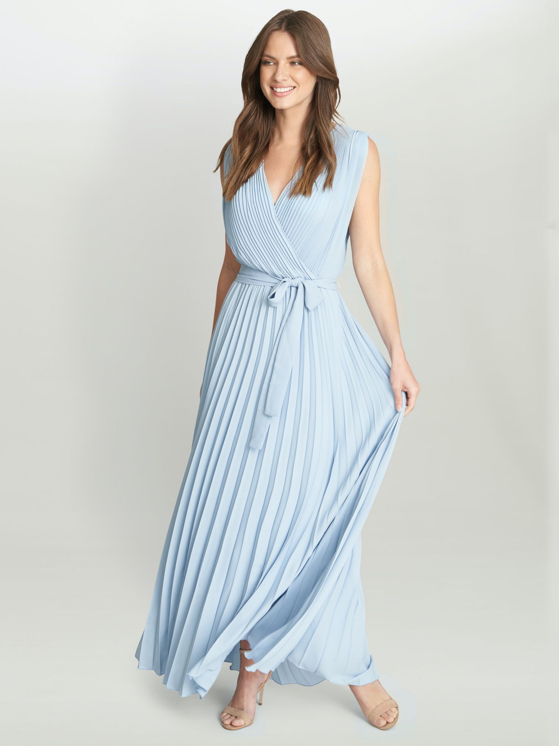 Gina Bacconi Chelsey Pleated Chiffon Maxi Dress, Light Blue, S