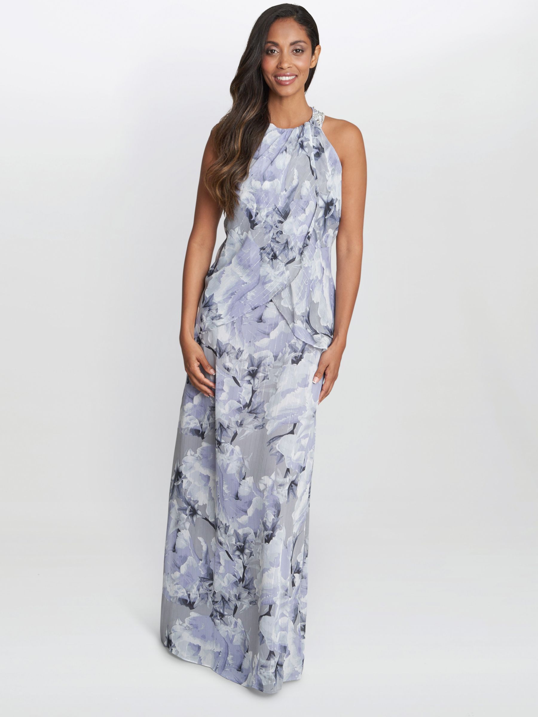 Gina Bacconi Esty Floral Beaded Halterneck Maxi Dress, Blue/Multi, 16