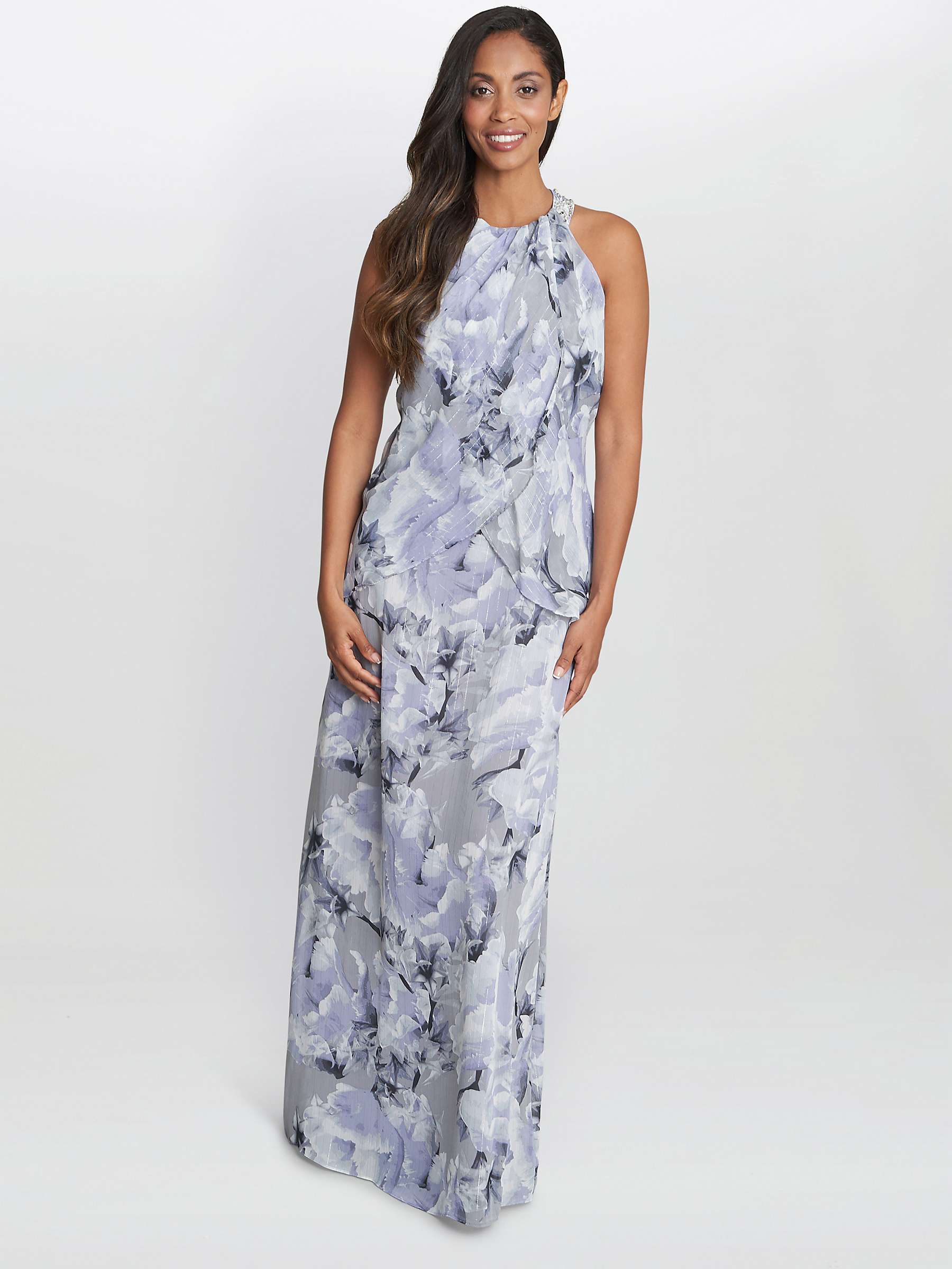 Buy Gina Bacconi Esty Floral Beaded Halterneck Maxi Dress, Blue/Multi Online at johnlewis.com