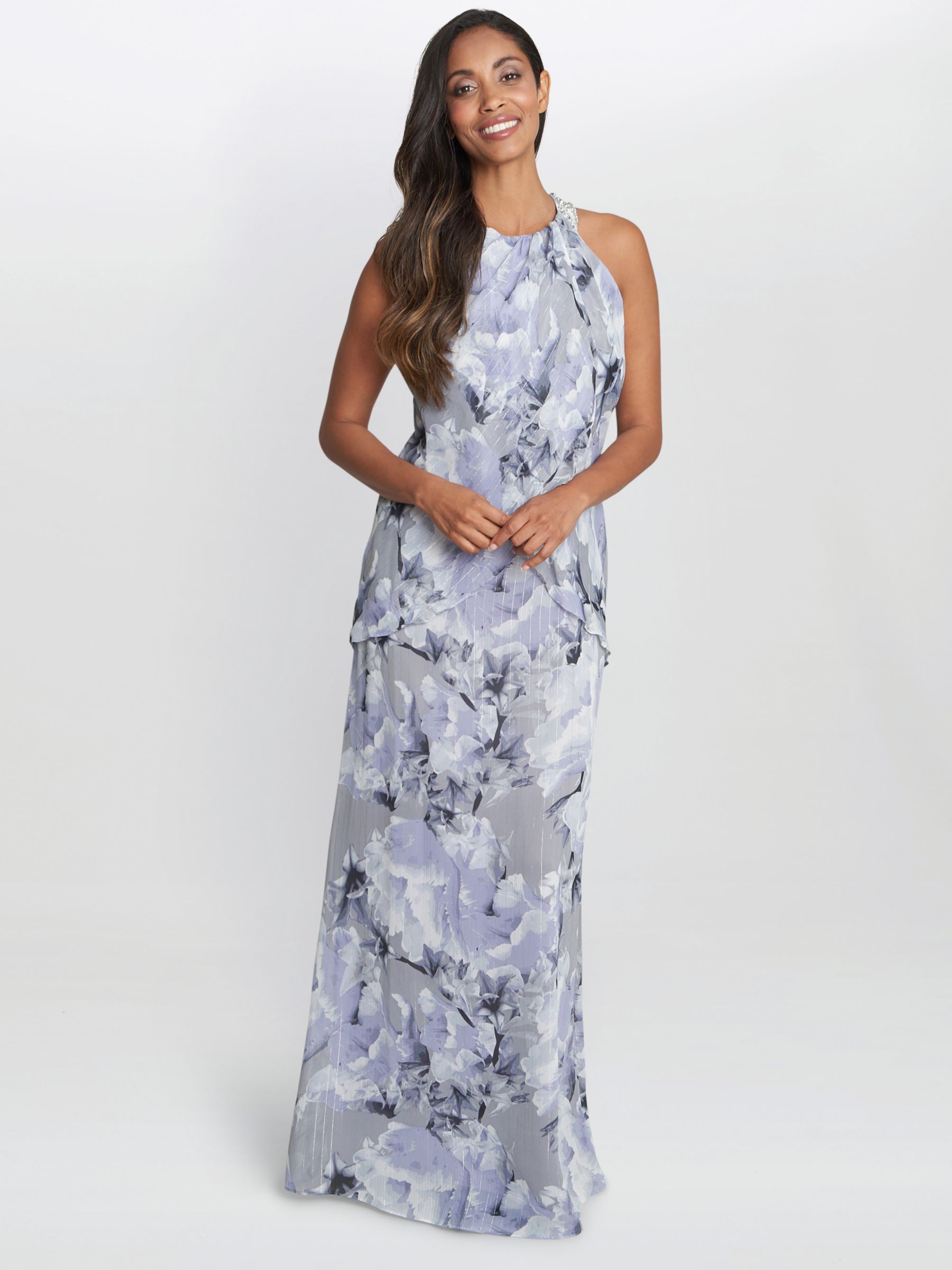 Gina Bacconi Esty Floral Beaded Halterneck Maxi Dress, Blue/Multi, 16