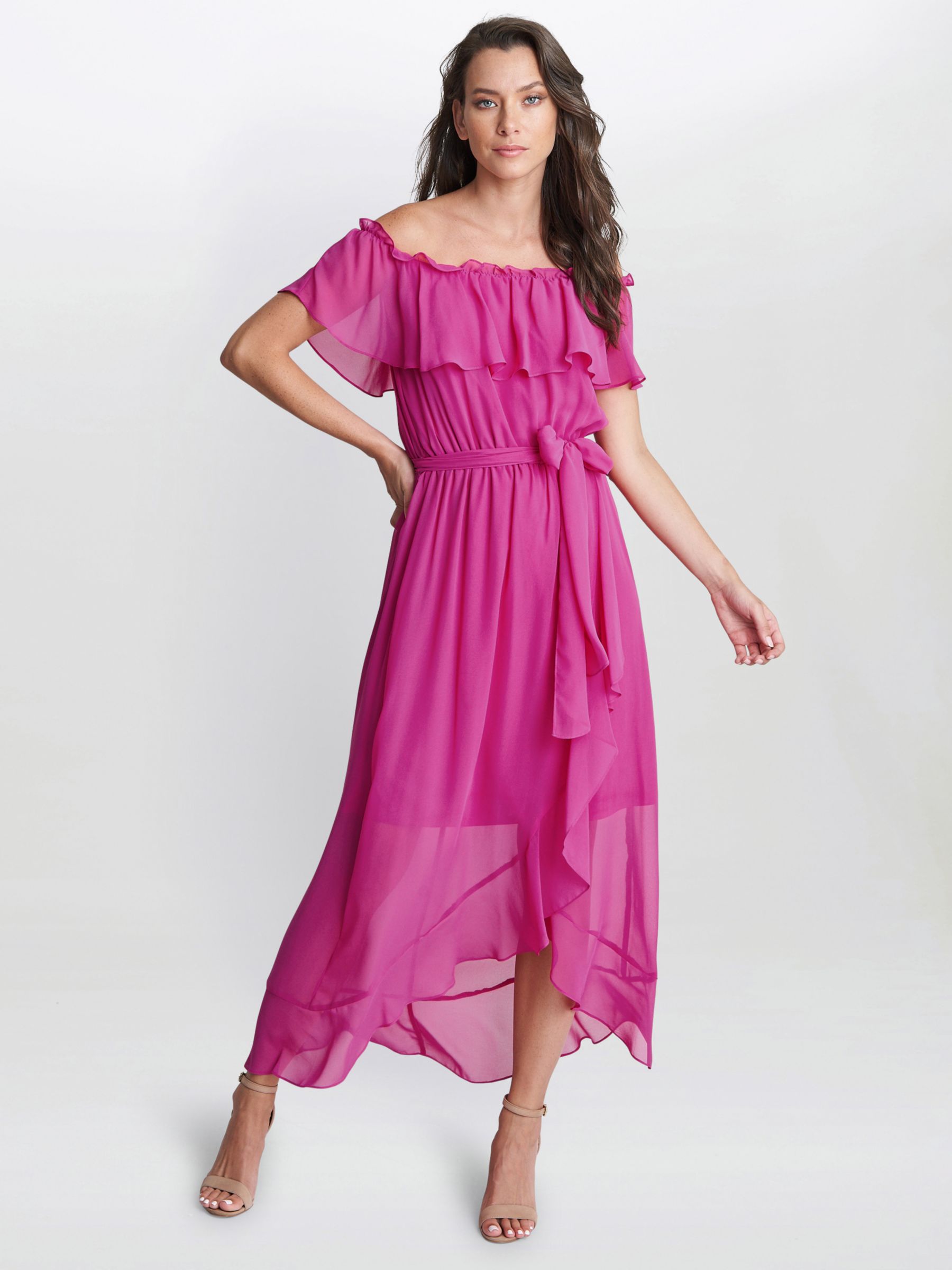 Gina Bacconi Paisley Frill Bardot Maxi Dress, Azalea, 10