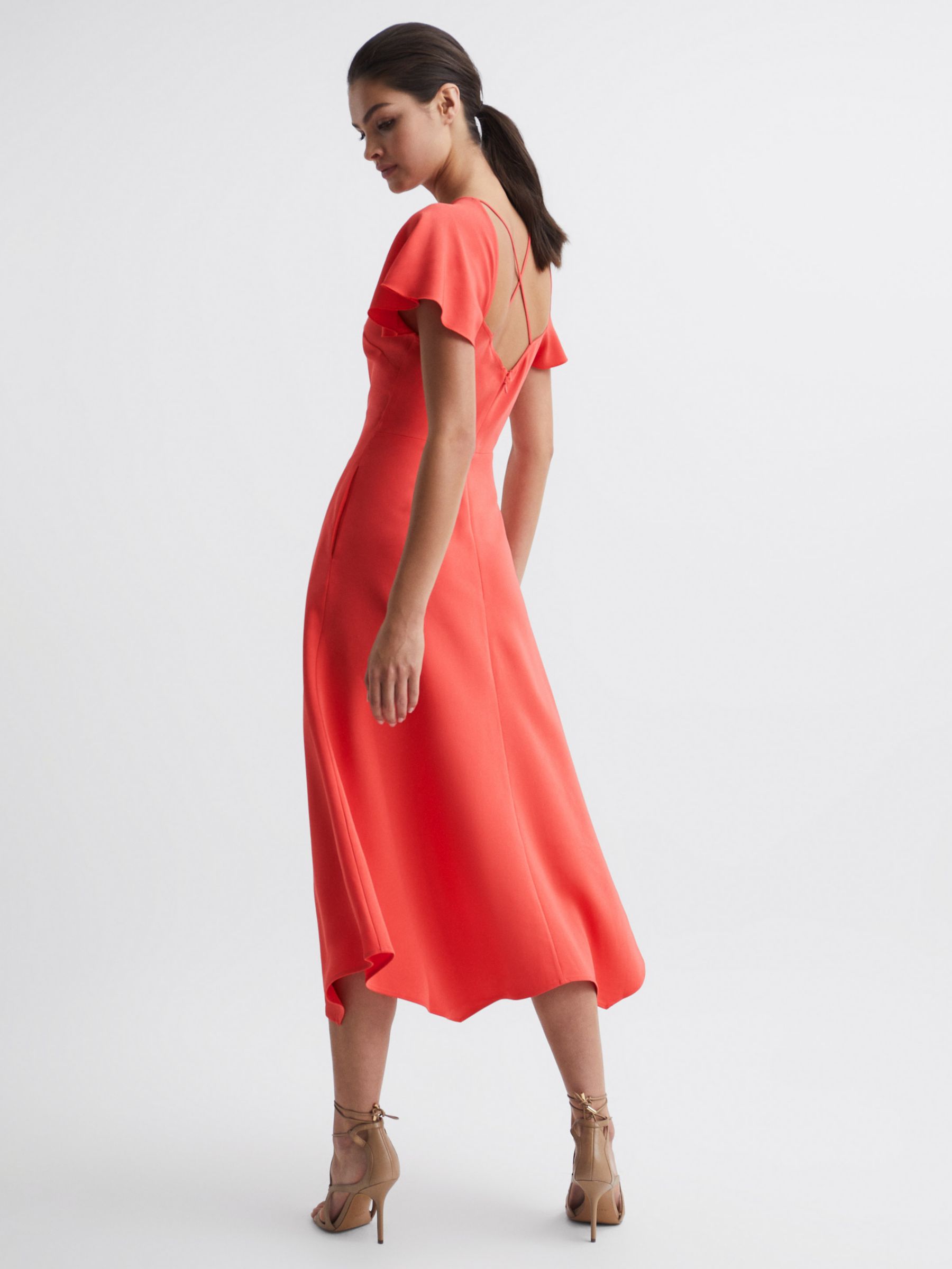 Reiss Petite Eleni Frill Sleeve Midi Dress, Coral, 6