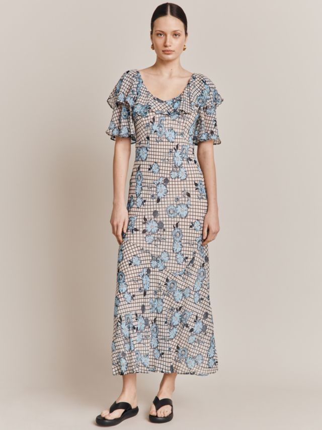 Ghost Birdie Gingham Grid and Flower Print Maxi Dress, Blue/Multi, XS