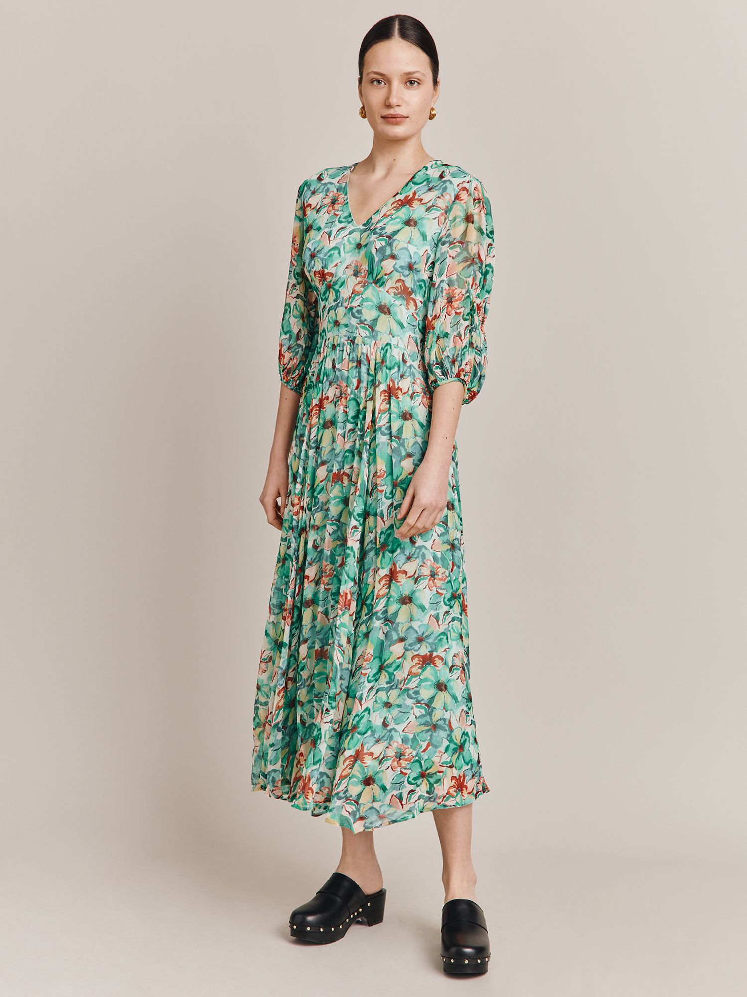Ghost Margot Midi Floral Dress, Green/Multi at John Lewis & Partners