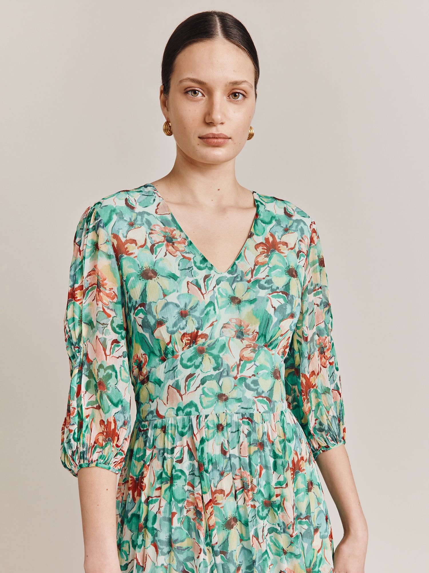 Ghost Margot Midi Floral Dress, Green/Multi at John Lewis & Partners