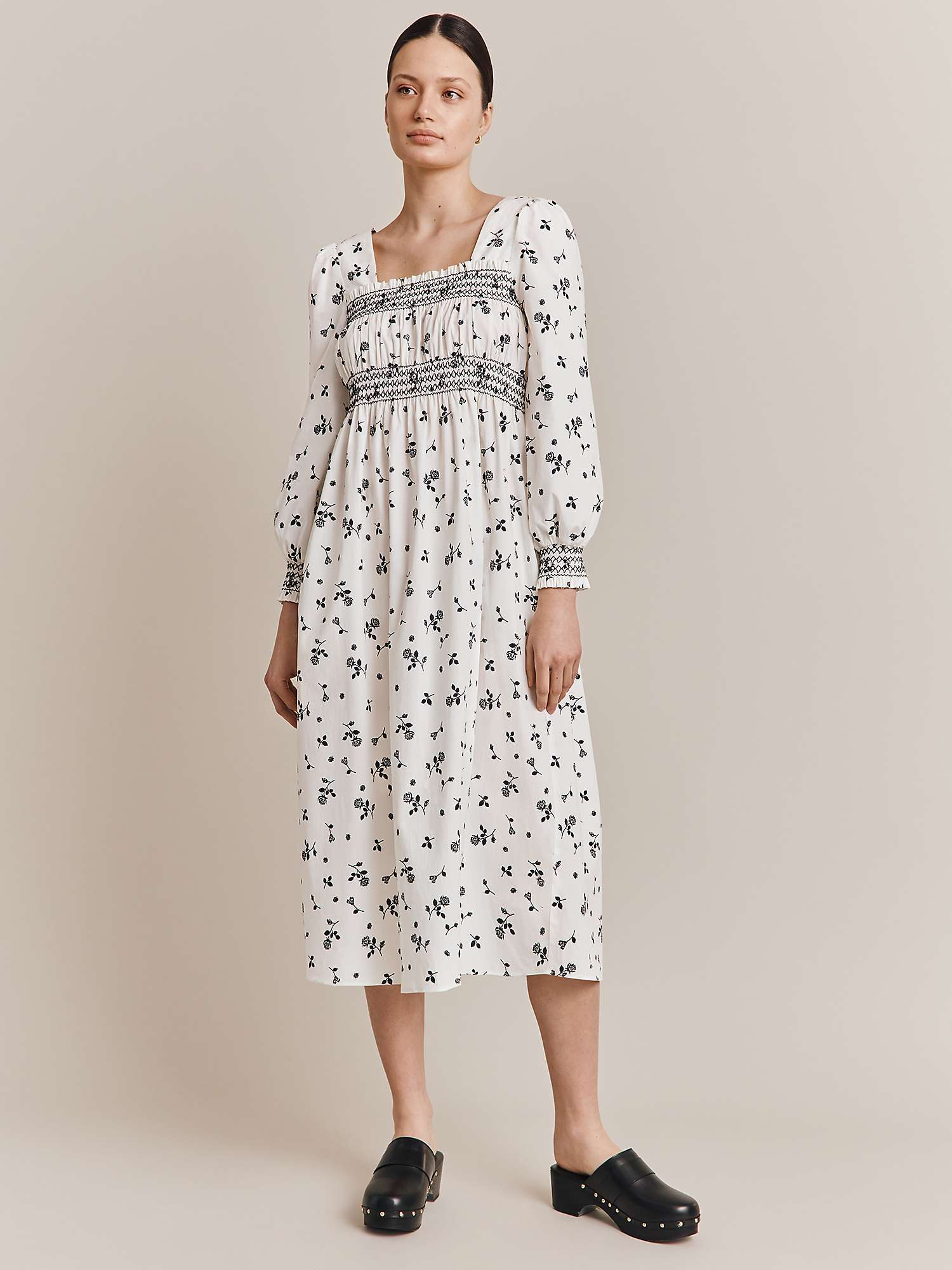 Buy Ghost Annie Rose Print Shirred Midi Dress, White/Black Online at johnlewis.com