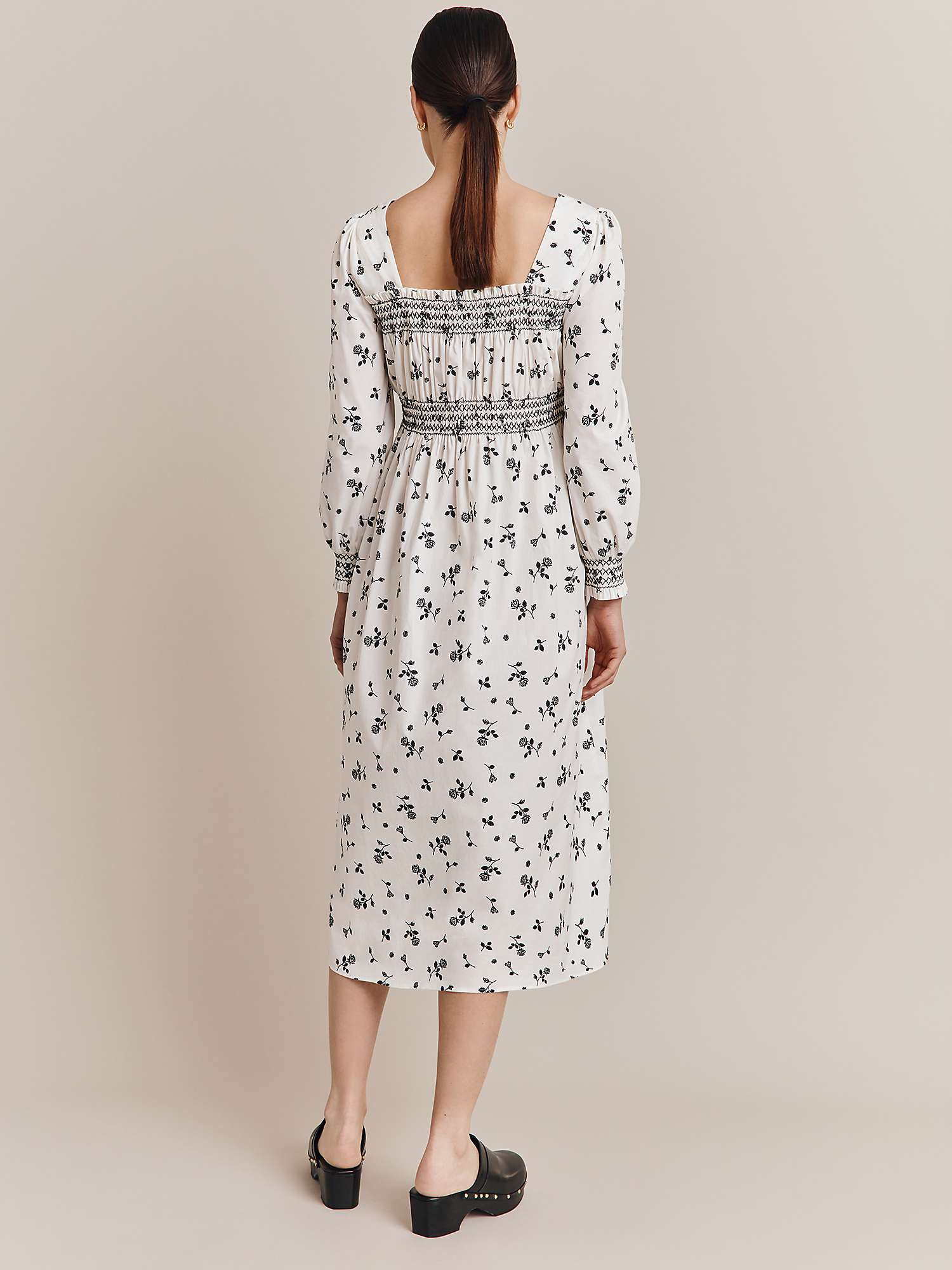 Buy Ghost Annie Rose Print Shirred Midi Dress, White/Black Online at johnlewis.com