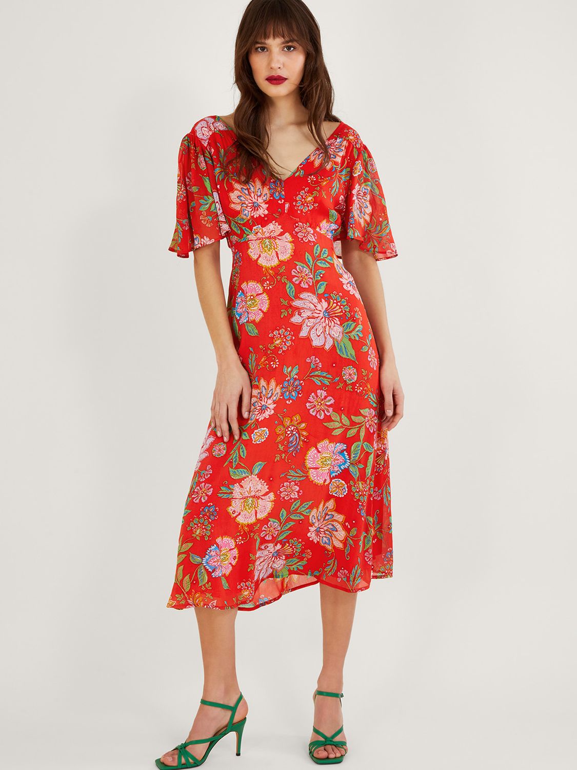 Monsoon Fia Mirror Floral Midi Dress, Orange/Multi at John Lewis & Partners