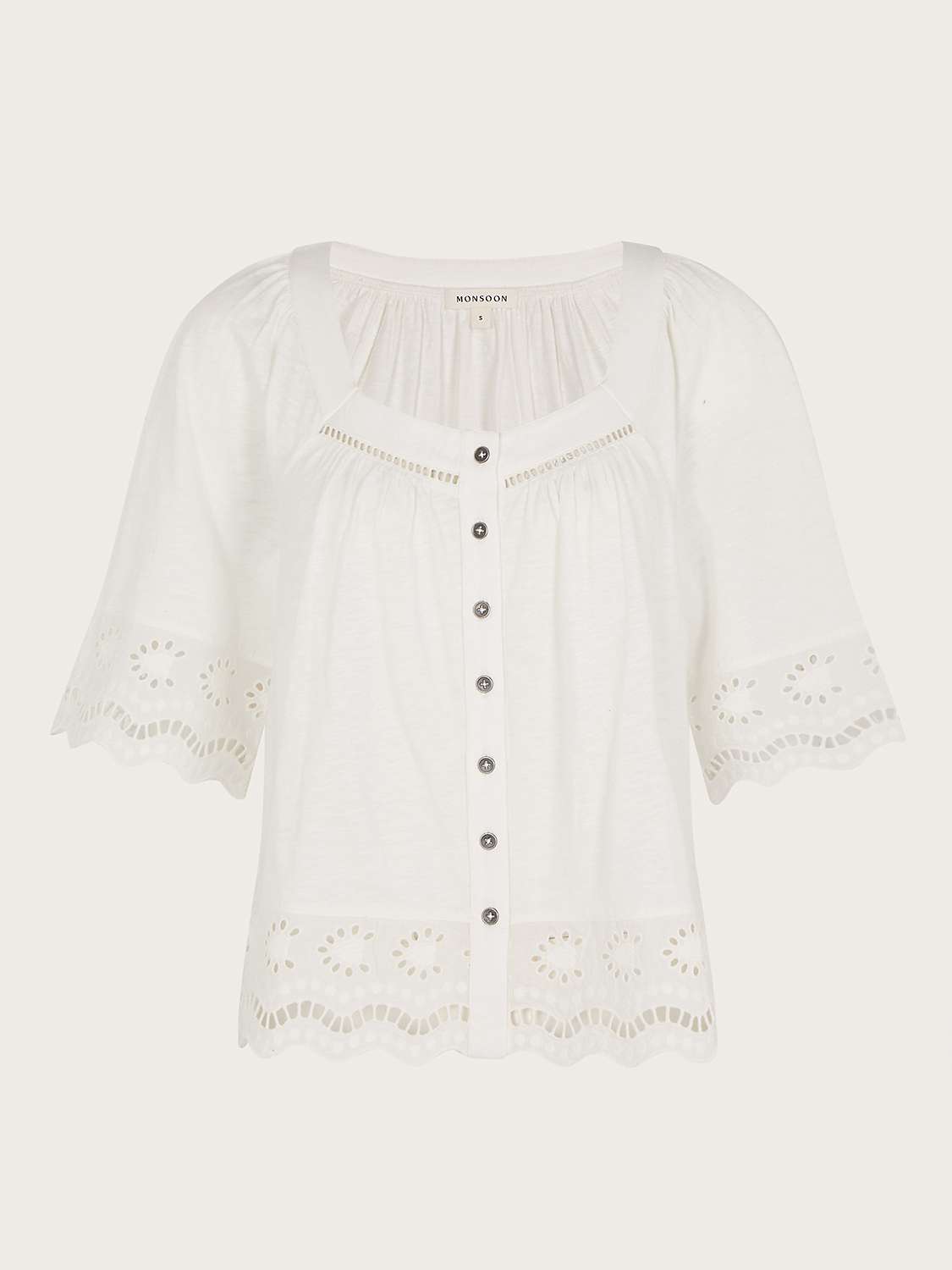 Monsoon Broderie Trim Cotton Blouse, Ivory at John Lewis & Partners
