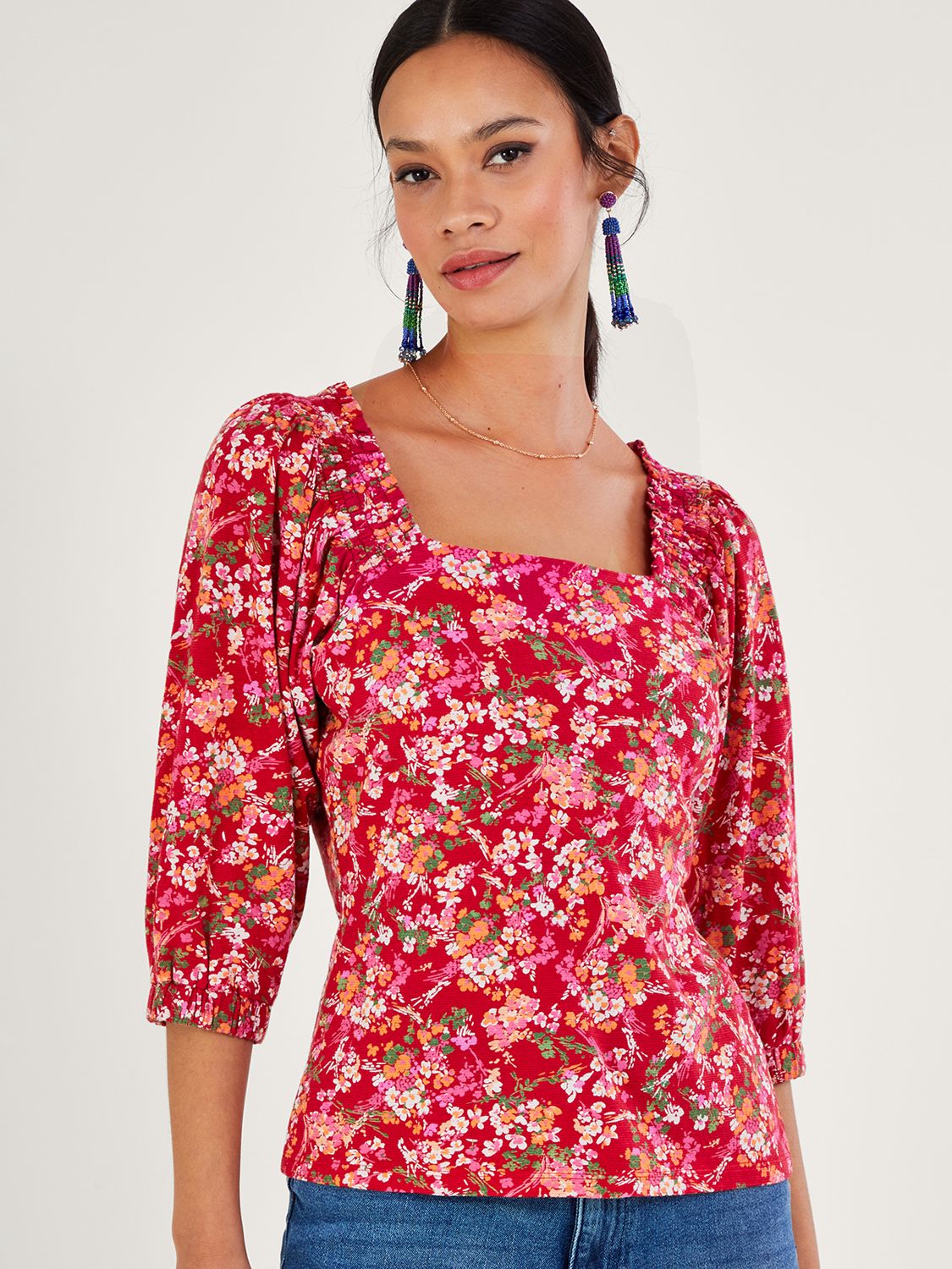 Monsoon Ditsy Floral Print Top, Red at John Lewis & Partners