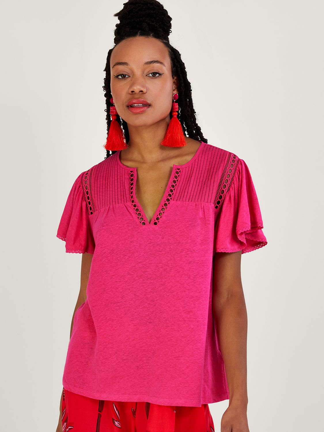 Monsoon Jersey V-Neck Linen Blend Woven Top, Pink, S