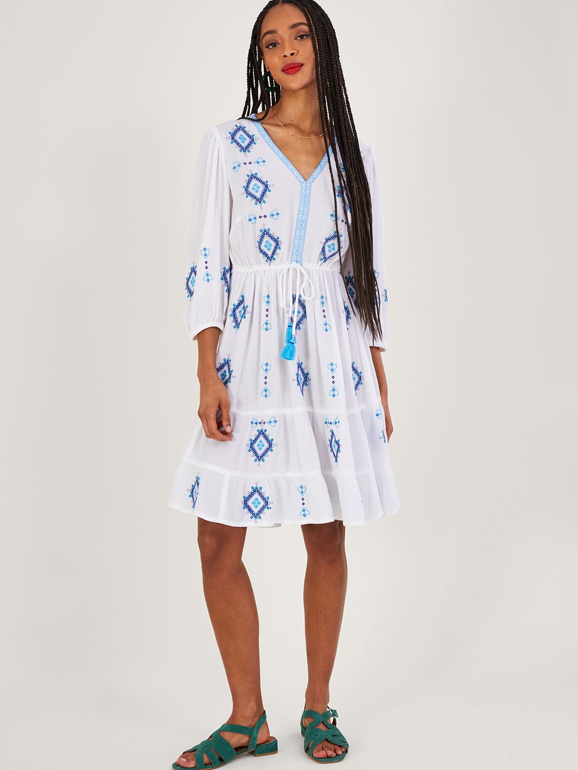 Monsoon Geo Diamond Embroidered Kaftan Dress, White/Blue
