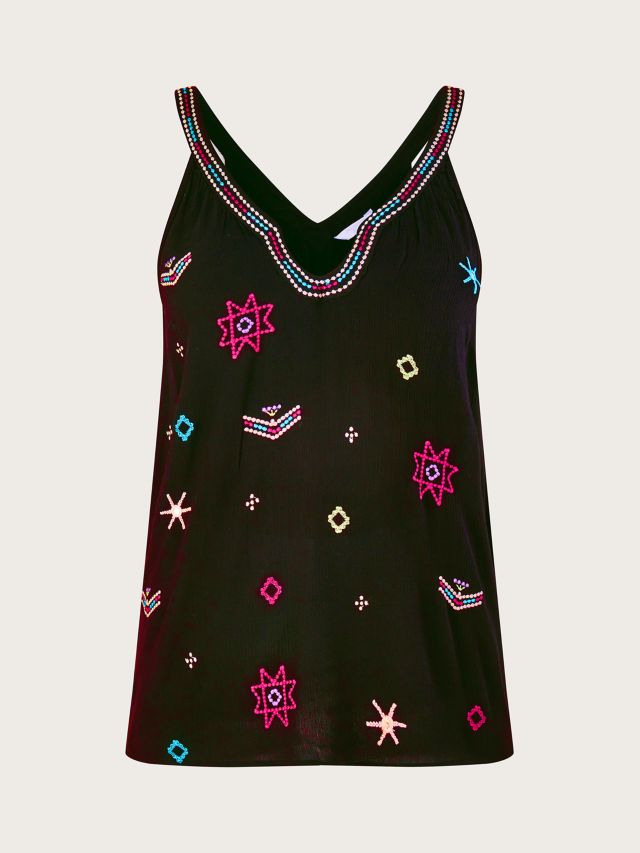 Monsoon Mofit Embroidered Cami Top, Black/Multi, S