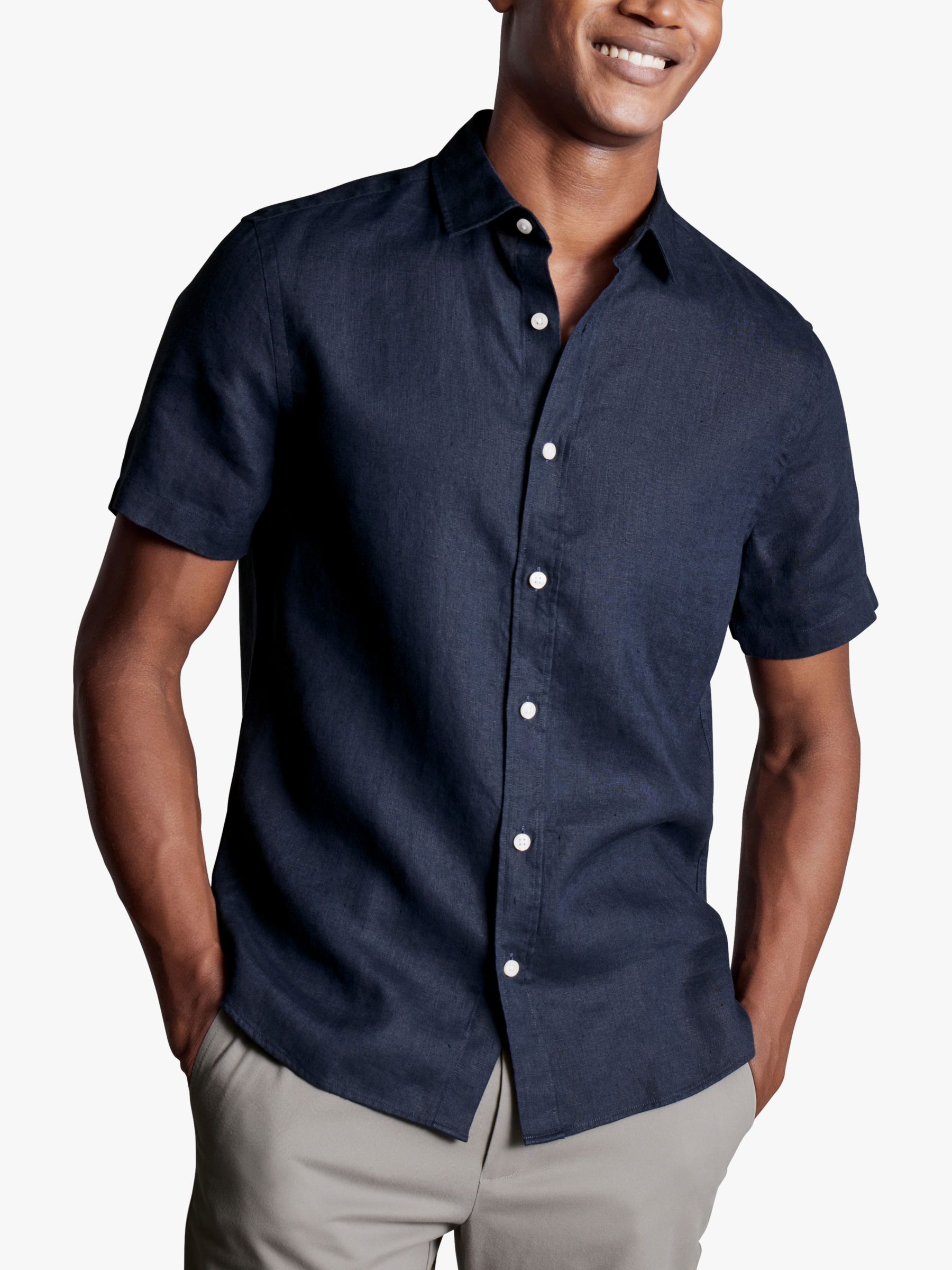 Charles Tyrwhitt Linen Short Sleeve Shirt, Navy, S