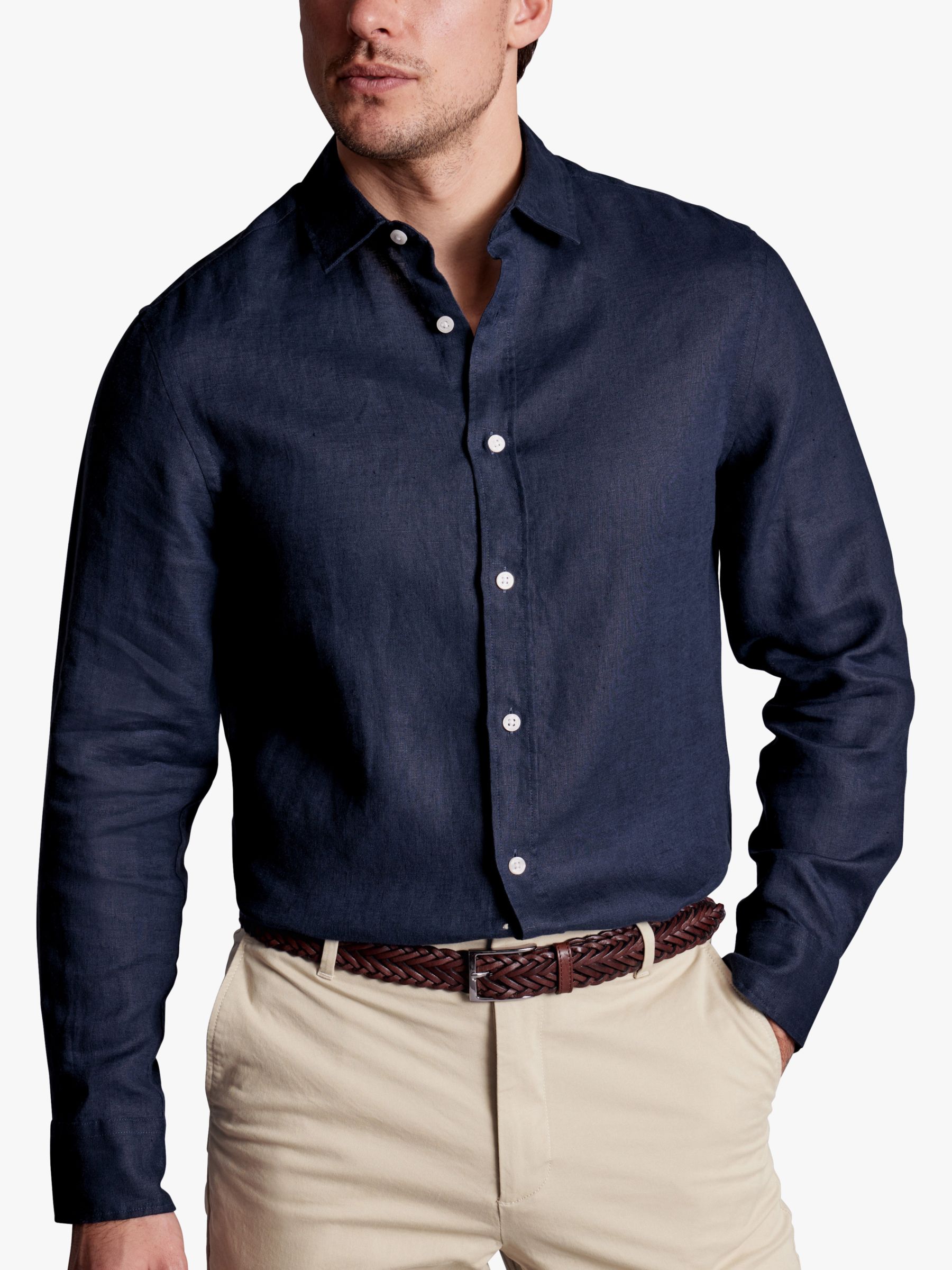 Charles Tyrwhitt Non-Iron Twill Linen Slim Fit Shirt, Navy, S
