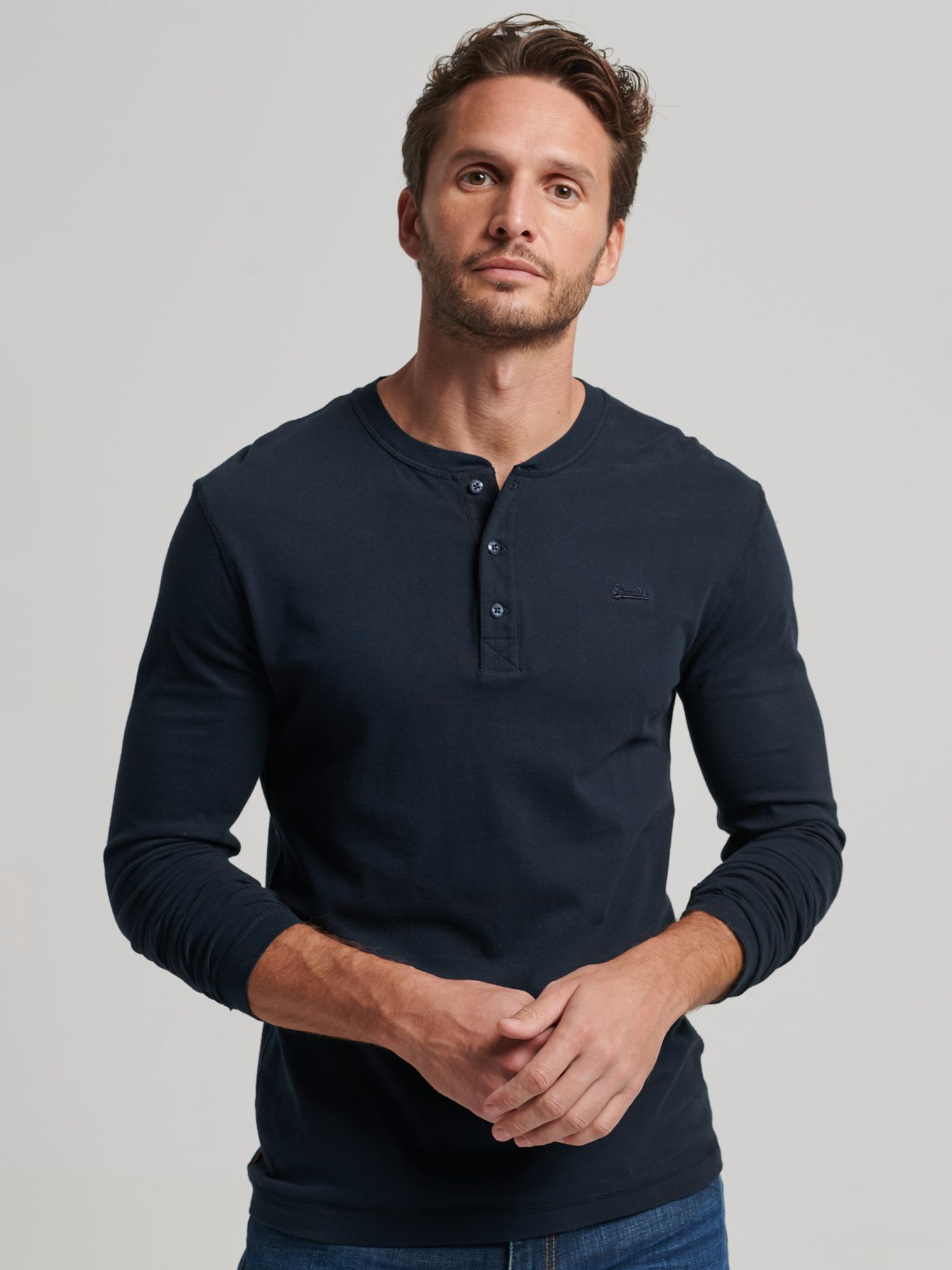 Superdry Organic Cotton Henley Long Sleeve T-Shirt, Mid Navy at