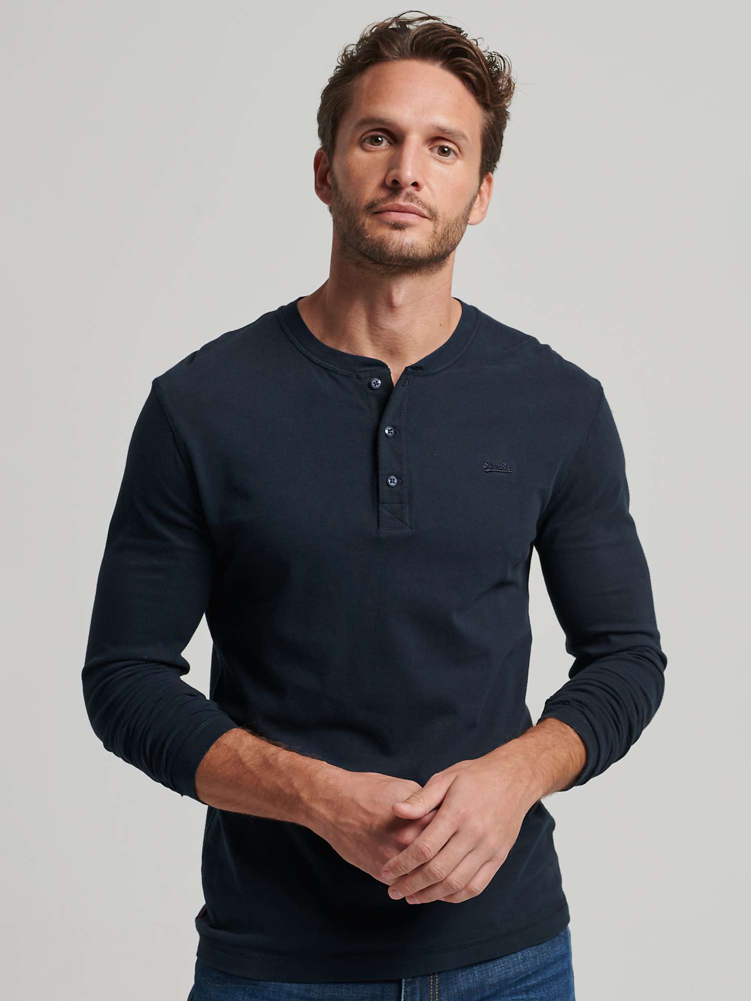 Superdry Organic Cotton Henley Long Sleeve T-Shirt, Mid Navy at John Lewis  & Partners