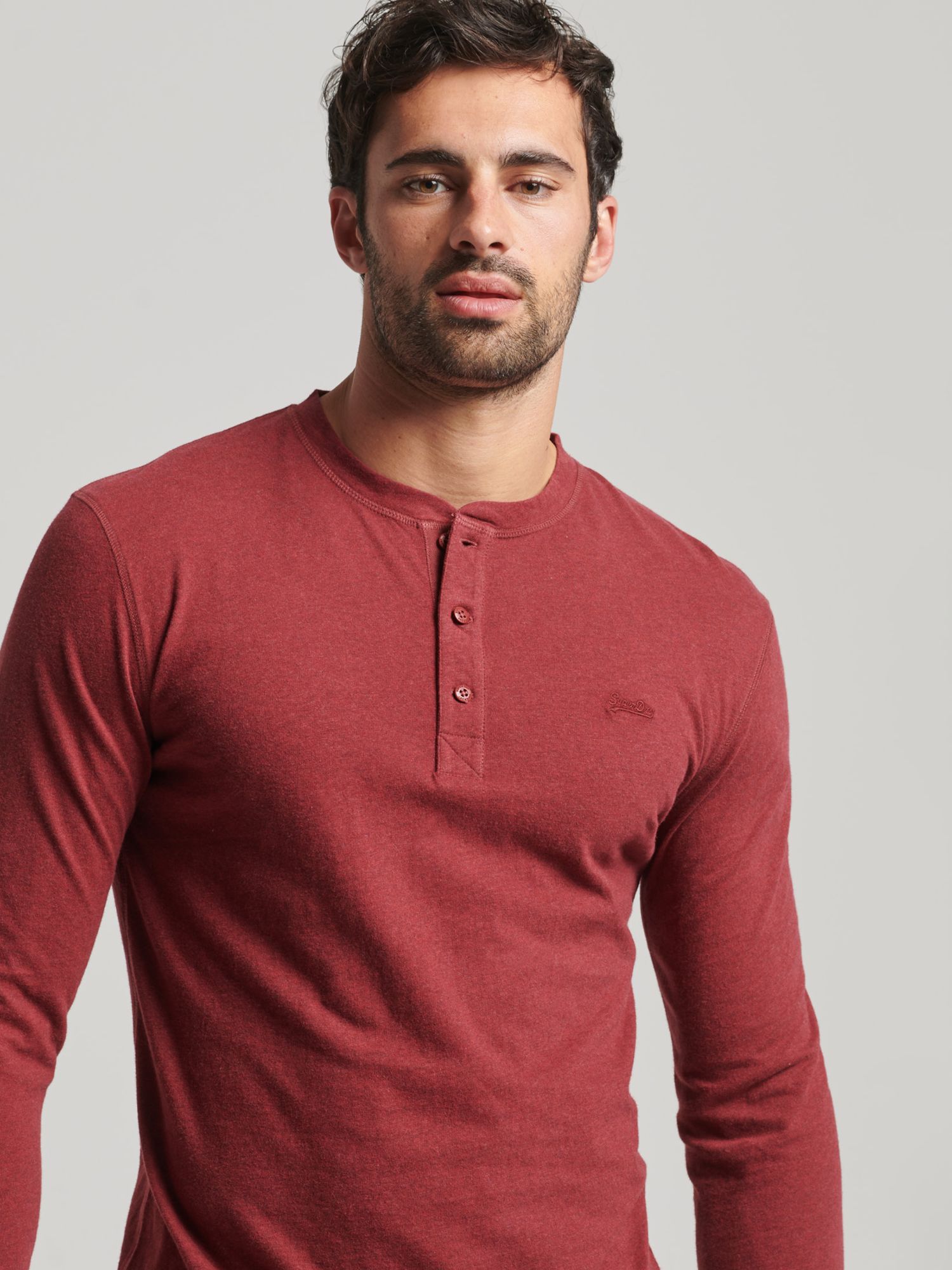 Superdry Organic Cotton Henley Long Sleeve T-Shirt, Vintage Red Marl at ...