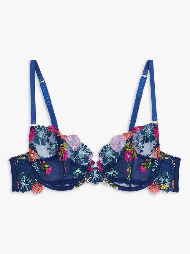 AND/OR Kiki Retro Floral Embroidery Balcony Bra, Blue/Multi