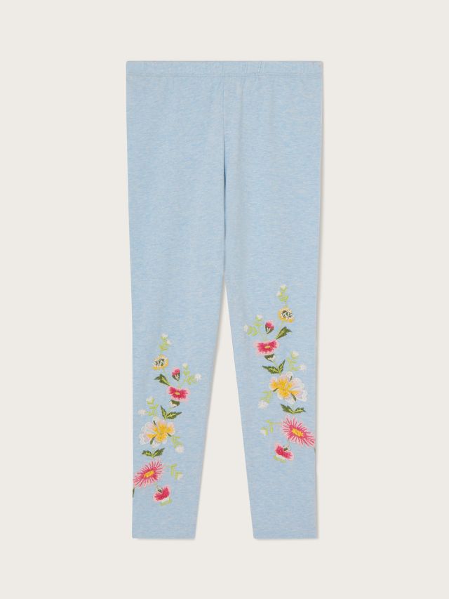Monsoon Kids' Embroidered Floral Leggings, Blue, 3-4 years
