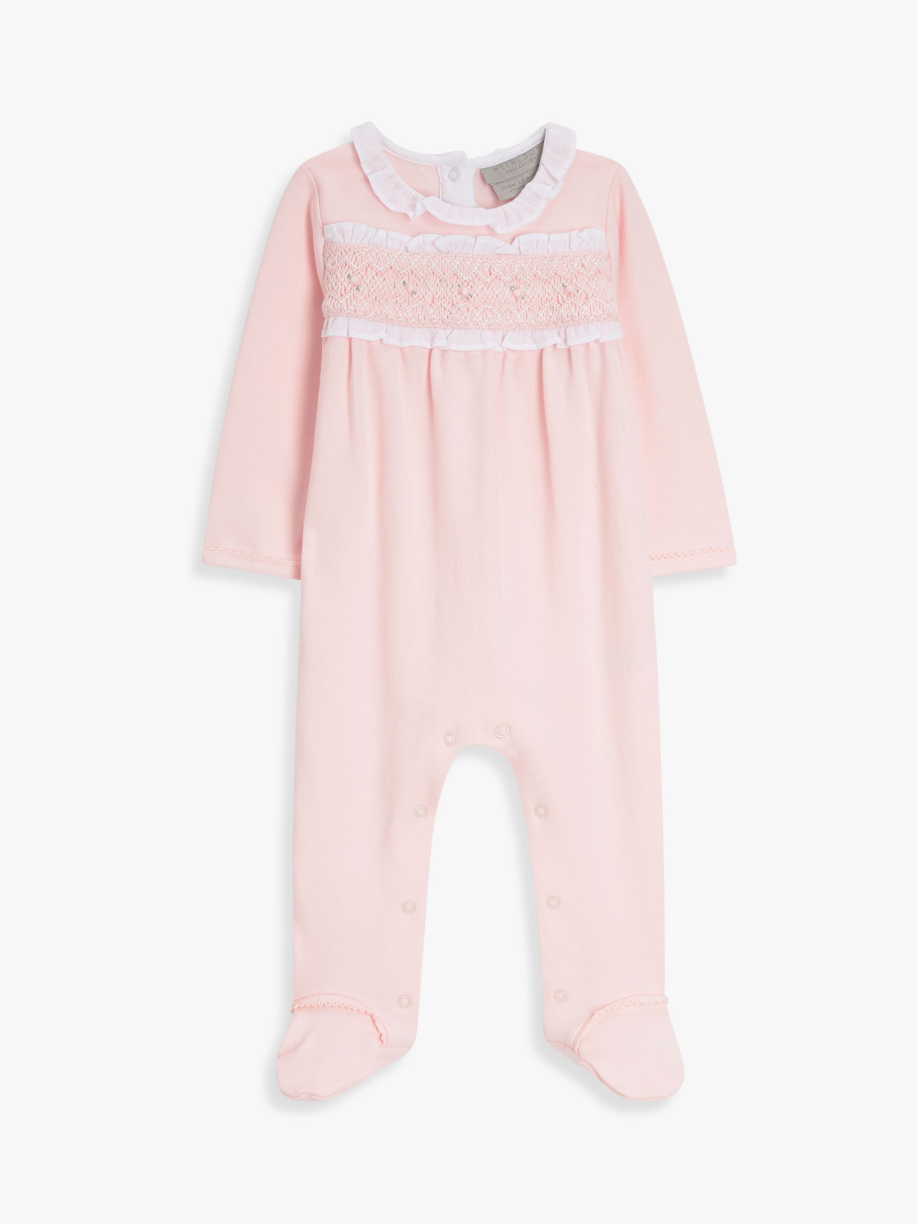 John Lewis Heirloom Collection Baby Pima Cotton Frill Smocked Sleepsuit, Pink, 0-3 months
