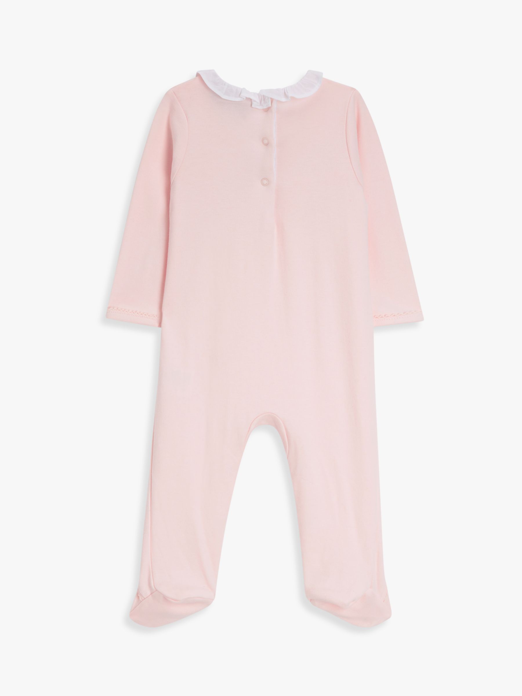 John Lewis Heirloom Collection Baby Pima Cotton Frill Smocked Sleepsuit, Pink, 0-3 months