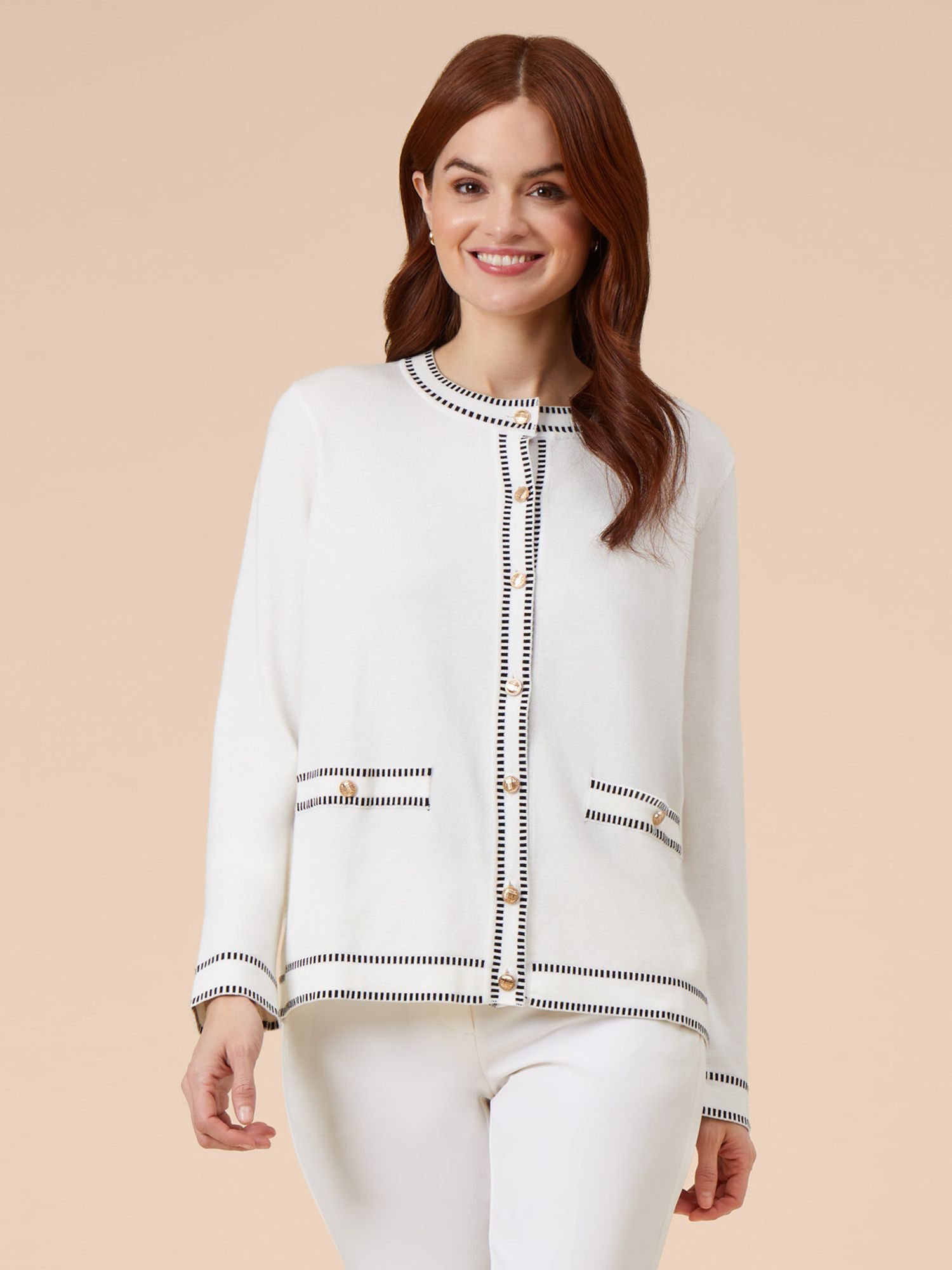 Adrianna Papell Contrast Trim Crew Neck Cardigan Ivory Black