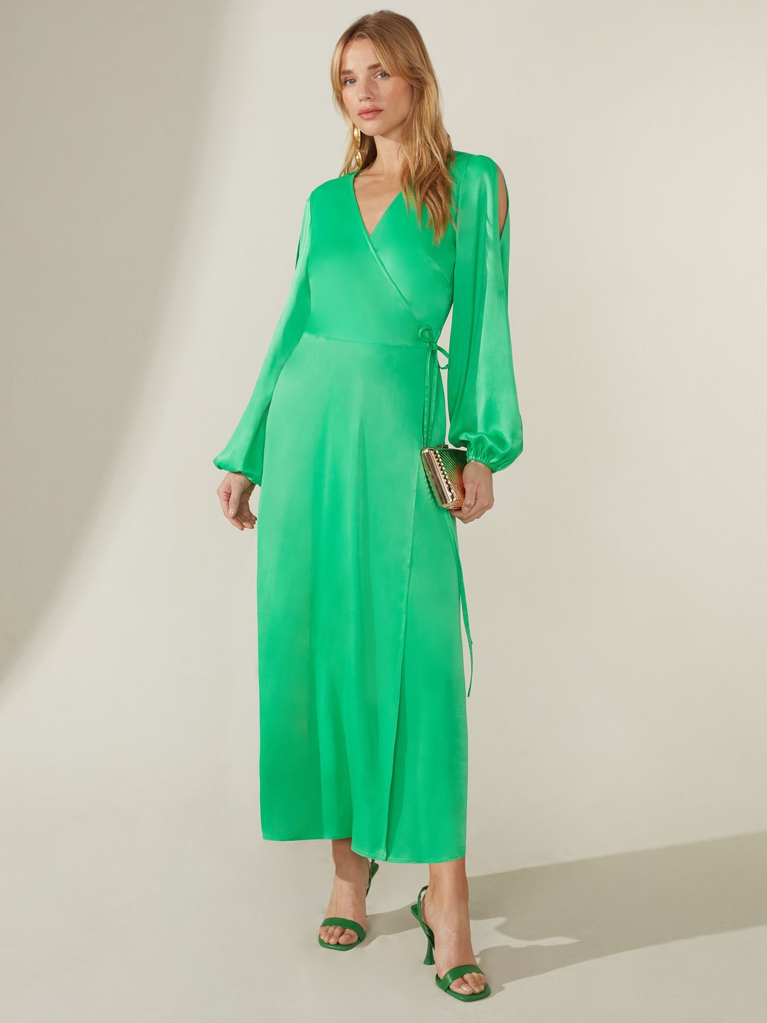 Ro&Zo Satin Cold Shoulder Wrap Dress, Green