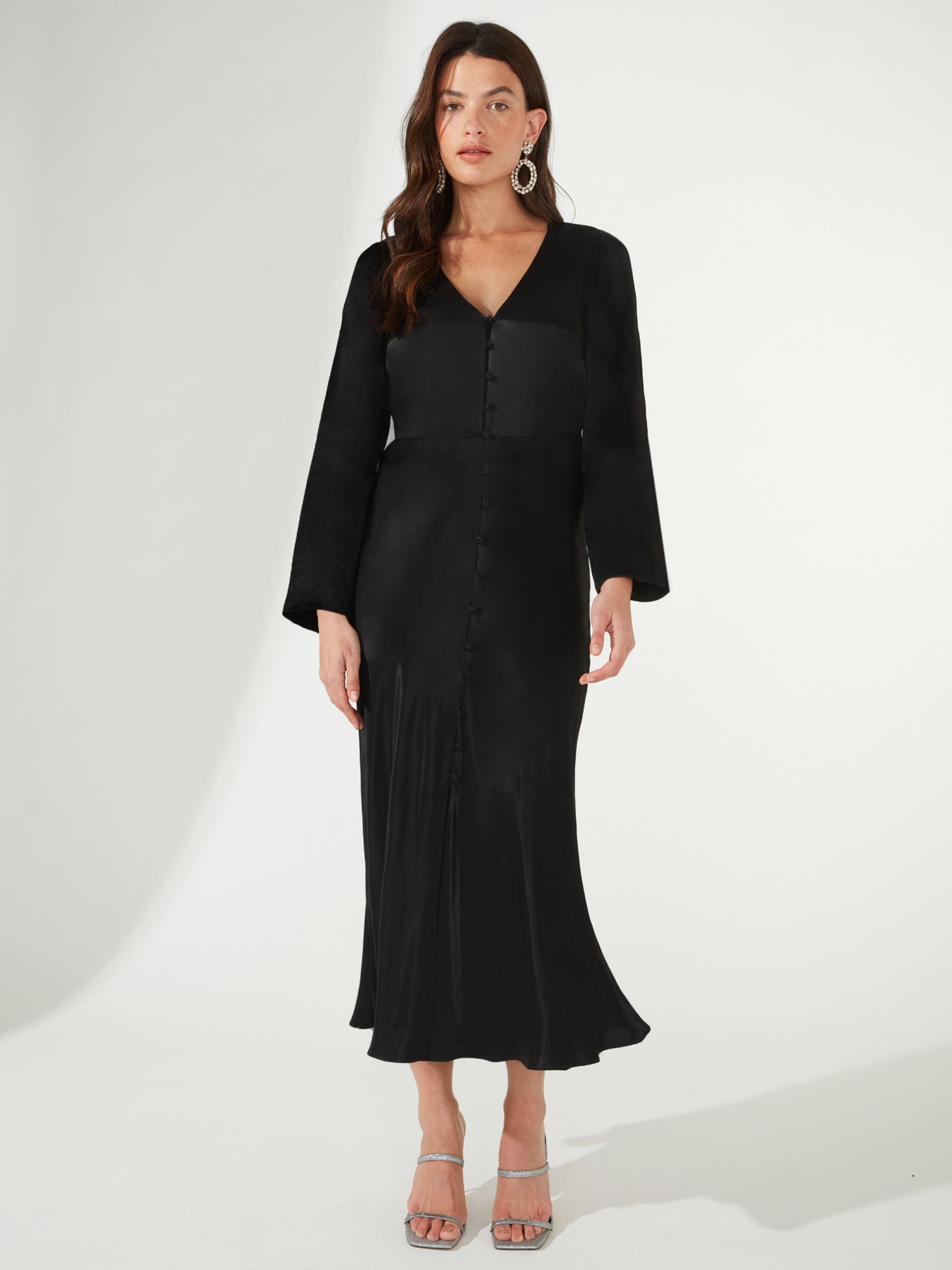 Buy Ro&Zo Lilah Satin Button Front Midi Dress, Black Online at johnlewis.com