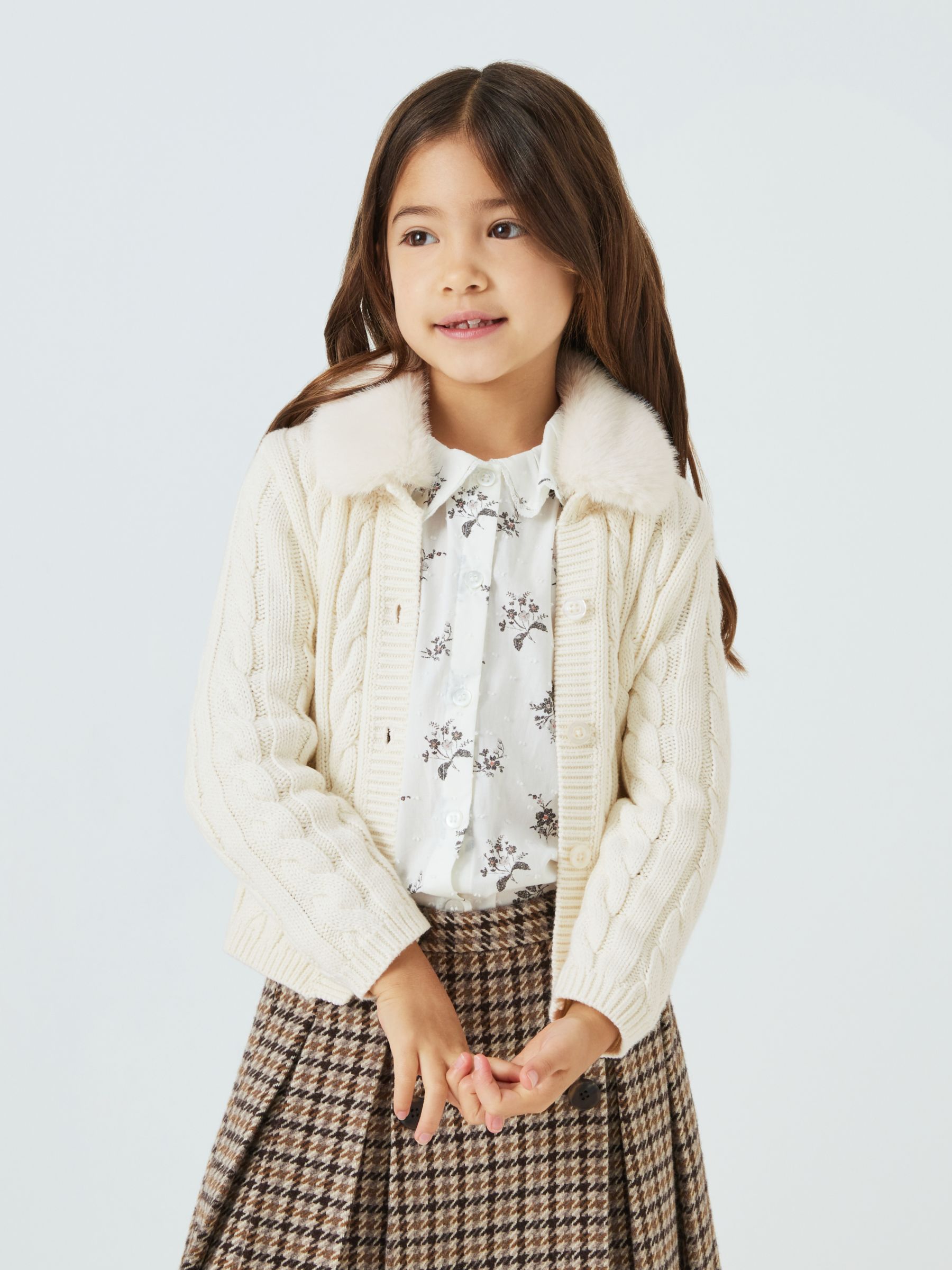 John Lewis Heirloom Collection Kids' Cable Knit Faux Fur Collar Cardigan,  Cream at John Lewis & Partners