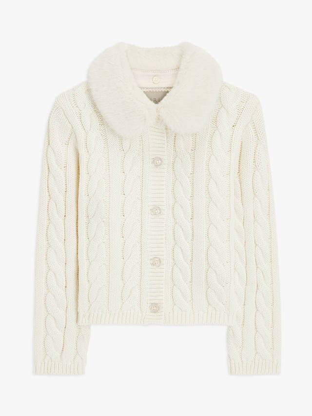 John Lewis Heirloom Collection Kids' Cable Knit Faux Fur Collar Cardigan, Cream