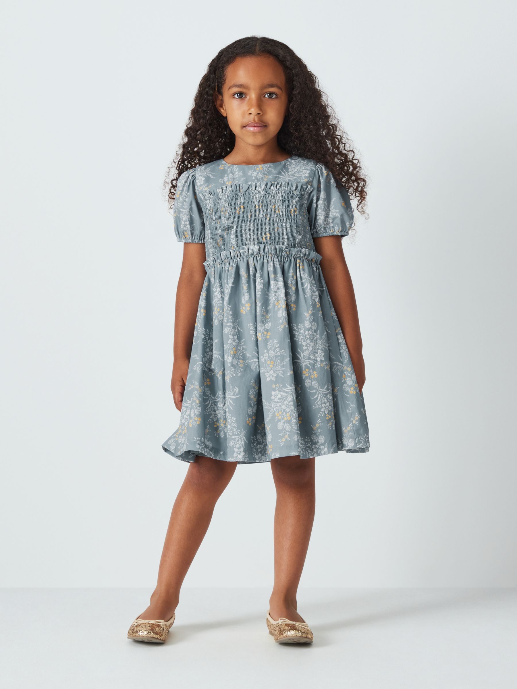 John Lewis Heirloom Collection Kids' Vintage Floral Shirred Dress, Blue, 10 years