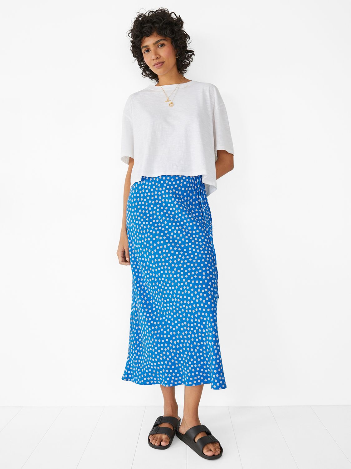 hush Simone Spot Print Belt Midi Skirt, Blue/White at John Lewis & Partners